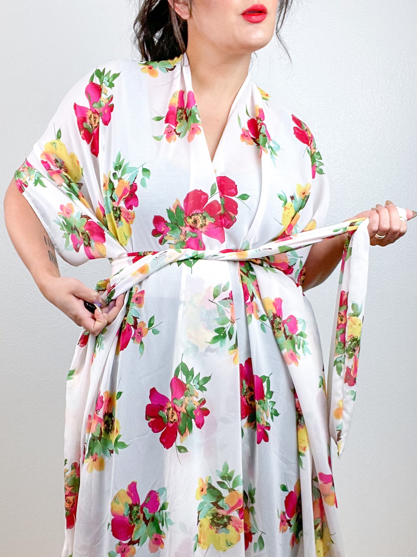 Print High Low Kimono White Floral Chiffon