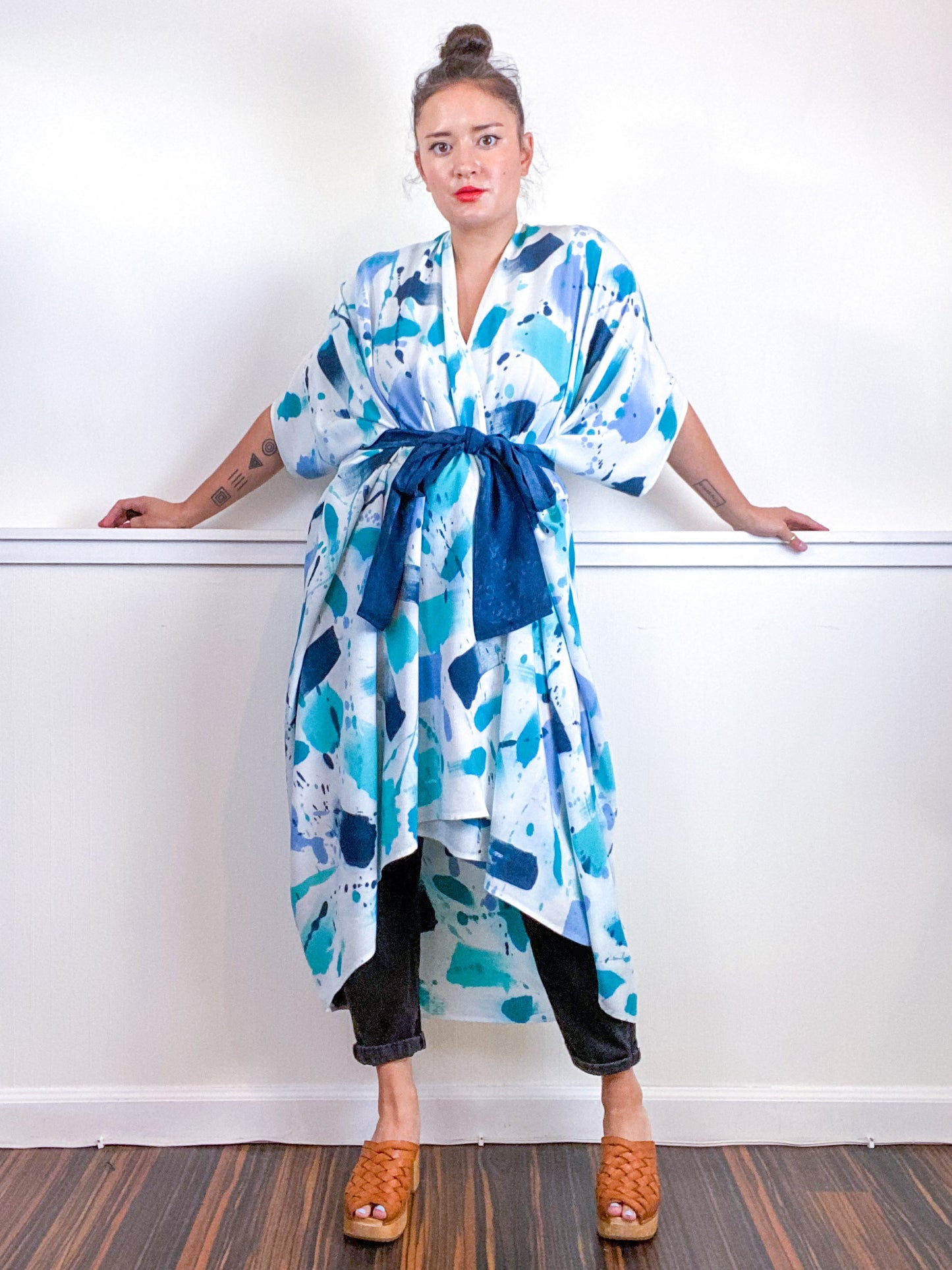 OOAK Hand-Dyed High Low Kimono Teal Parakeet Baby Blue Aqua Gesture