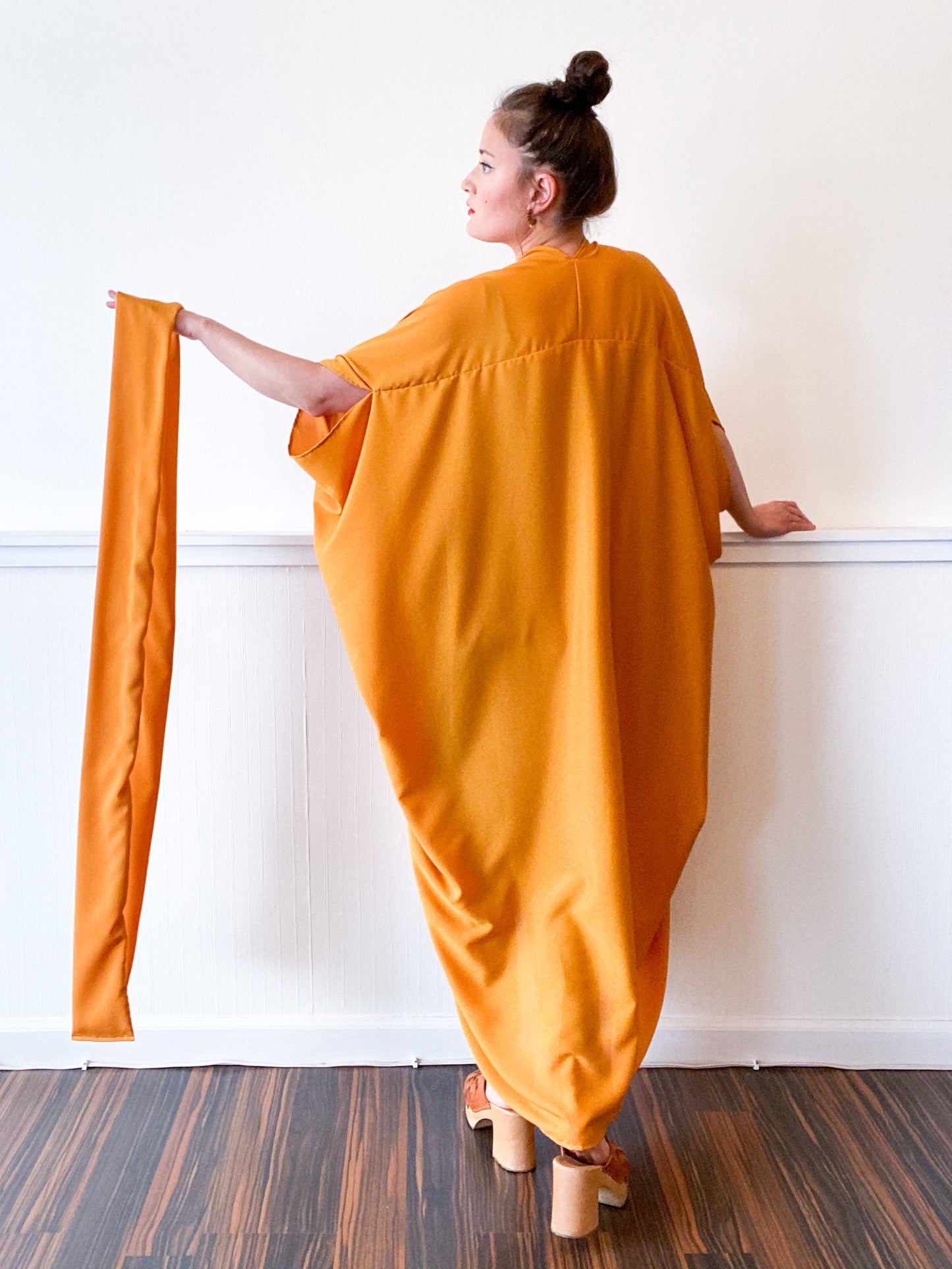Print High Low Kimono Solid Marigold Crepe de Chine