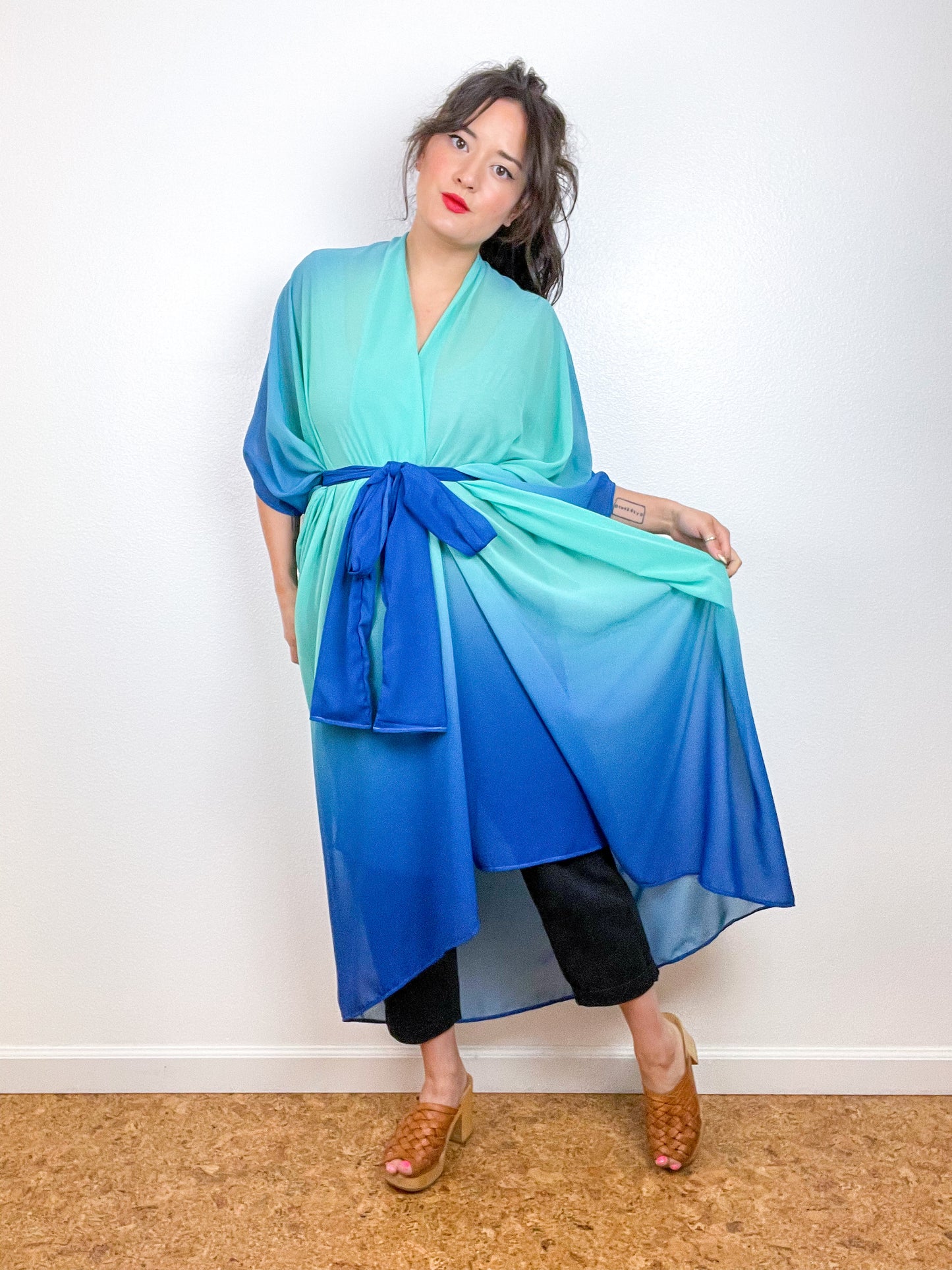 Print High Low Kimono Turquoise Ombré Chiffon