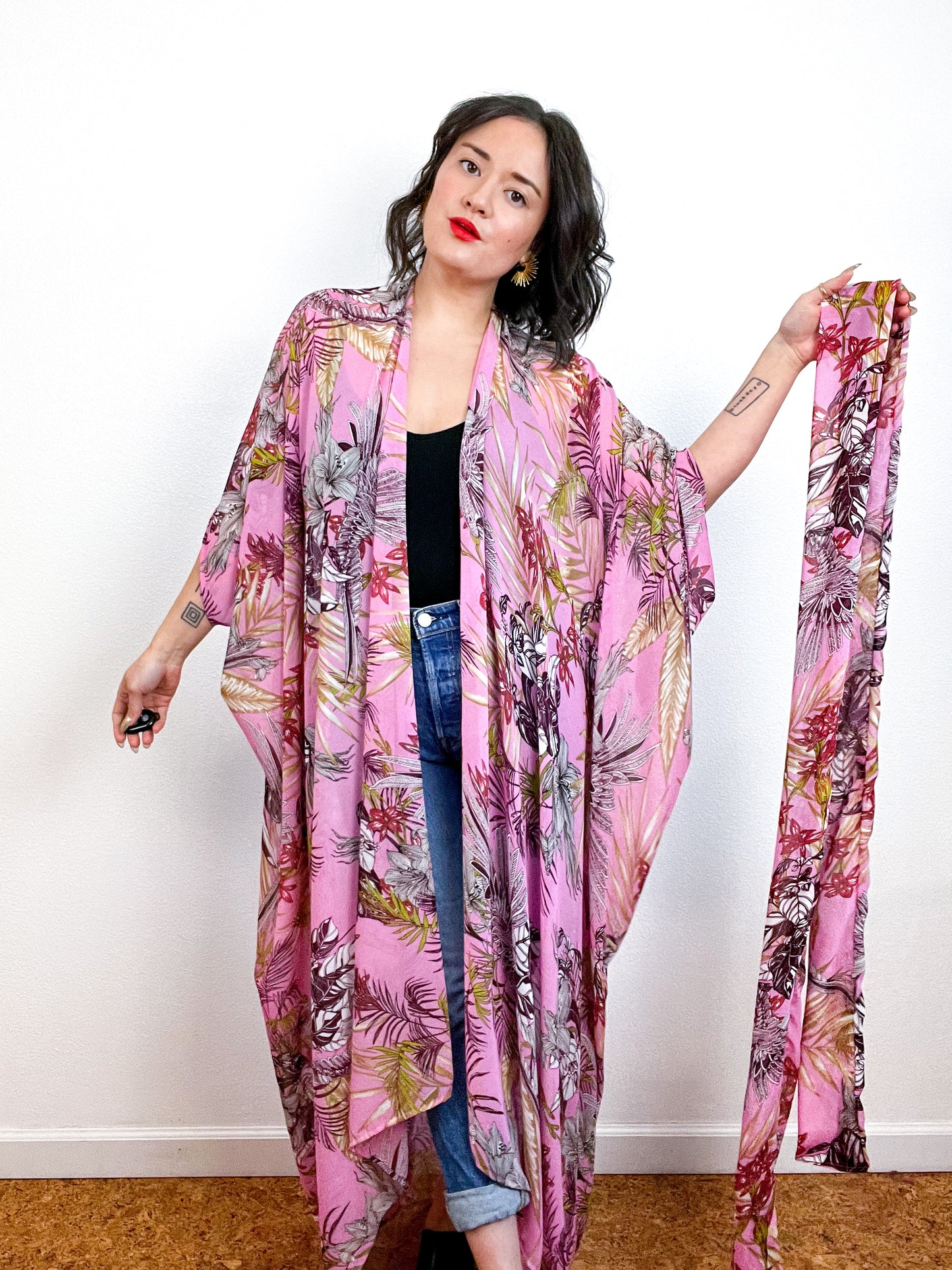 Print High Low Kimono Pink Tropical Floral Chiffon
