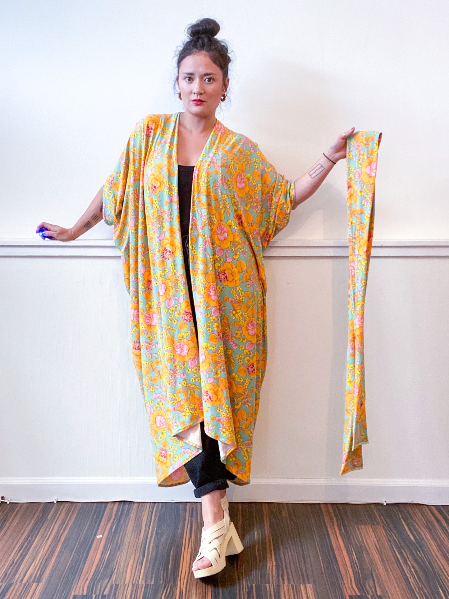 Print High Low Kimono Mint Marigold Peony Knit