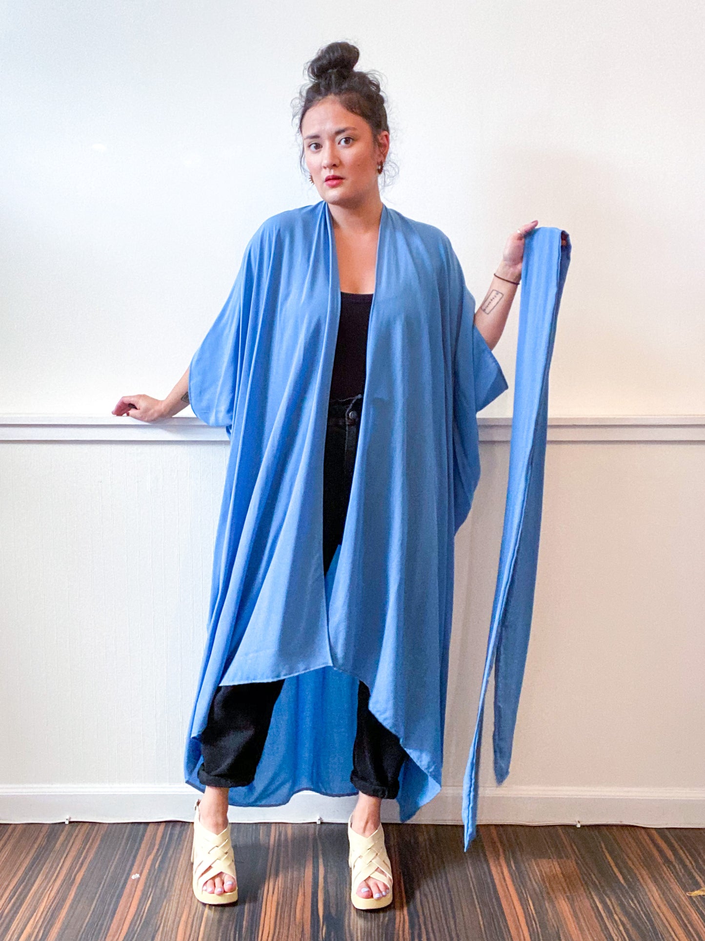 Solid High Low Kimono Powder Blue Rayon Challis