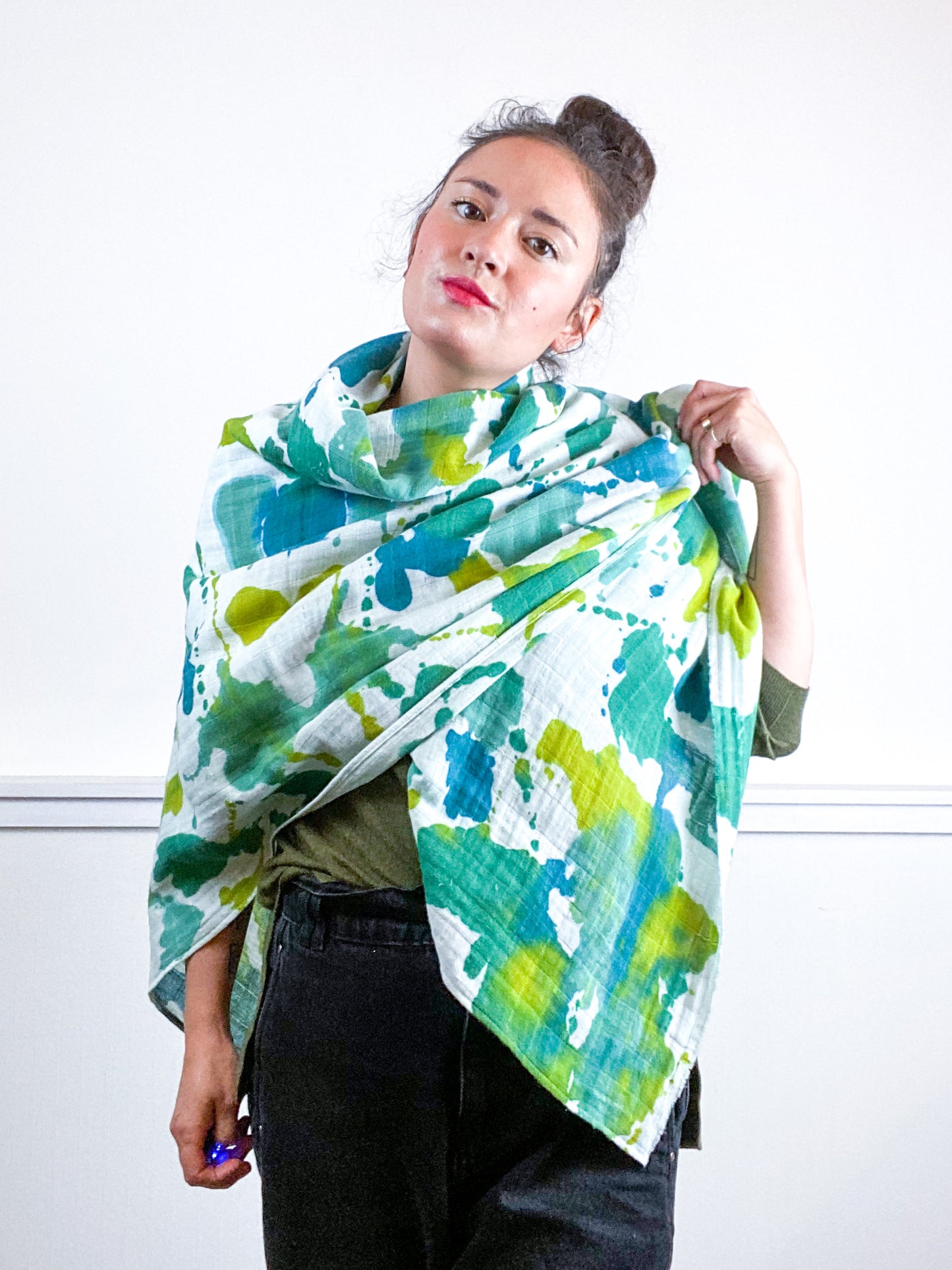 Hand-Dyed Large Square Scarf Emerald Sea Chartreuse Kingfisher