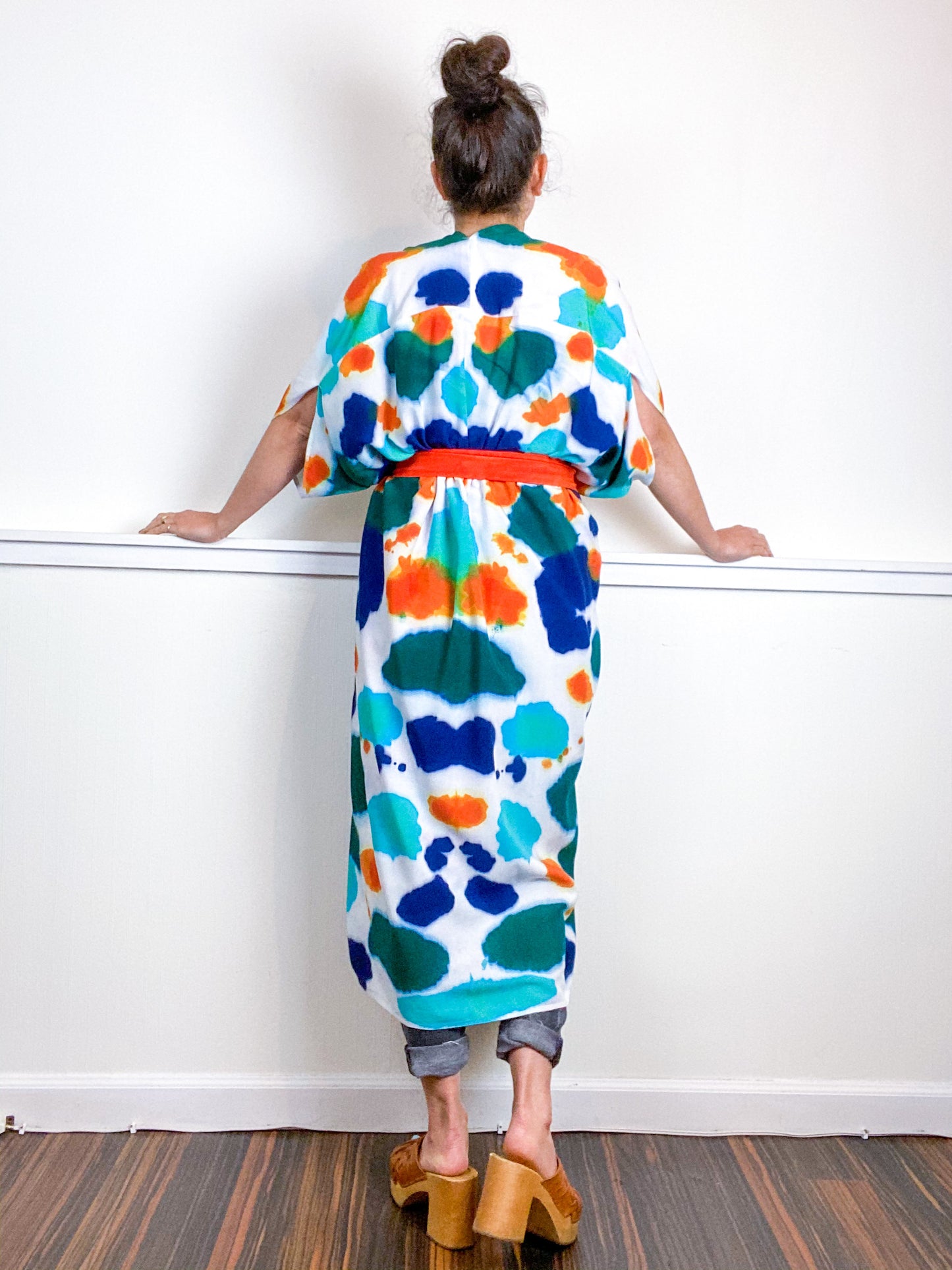 OOAK Hand-Dyed High Low Kimono Indigo Tangerine Emerald Parakeet Inkblot