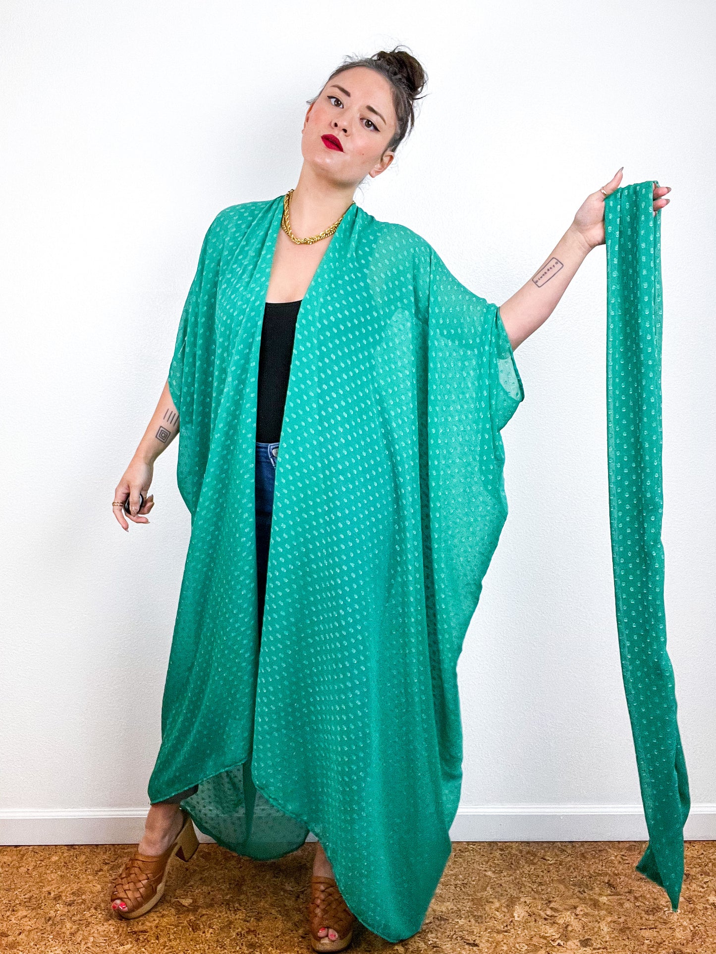Print High Low Kimono Kelly Green Swiss Dot Chiffon