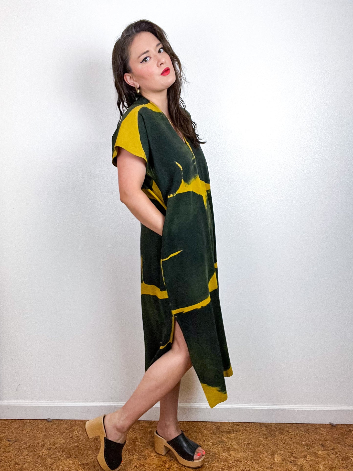 Hand-Dyed Midi Smock Dress Brass Black Brush