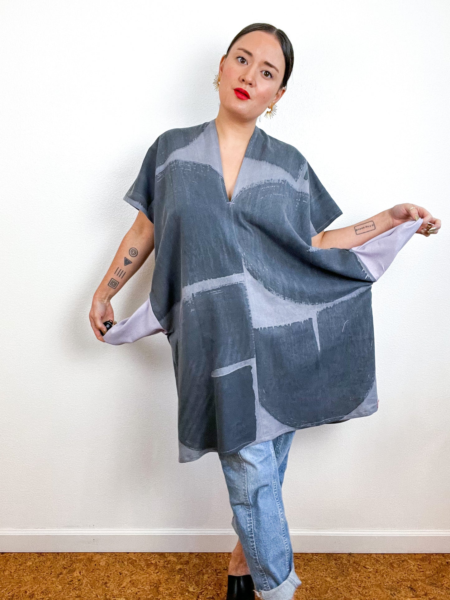 Hand-Dyed Mini Smock Dress Lavender Graphite Brushstrokes