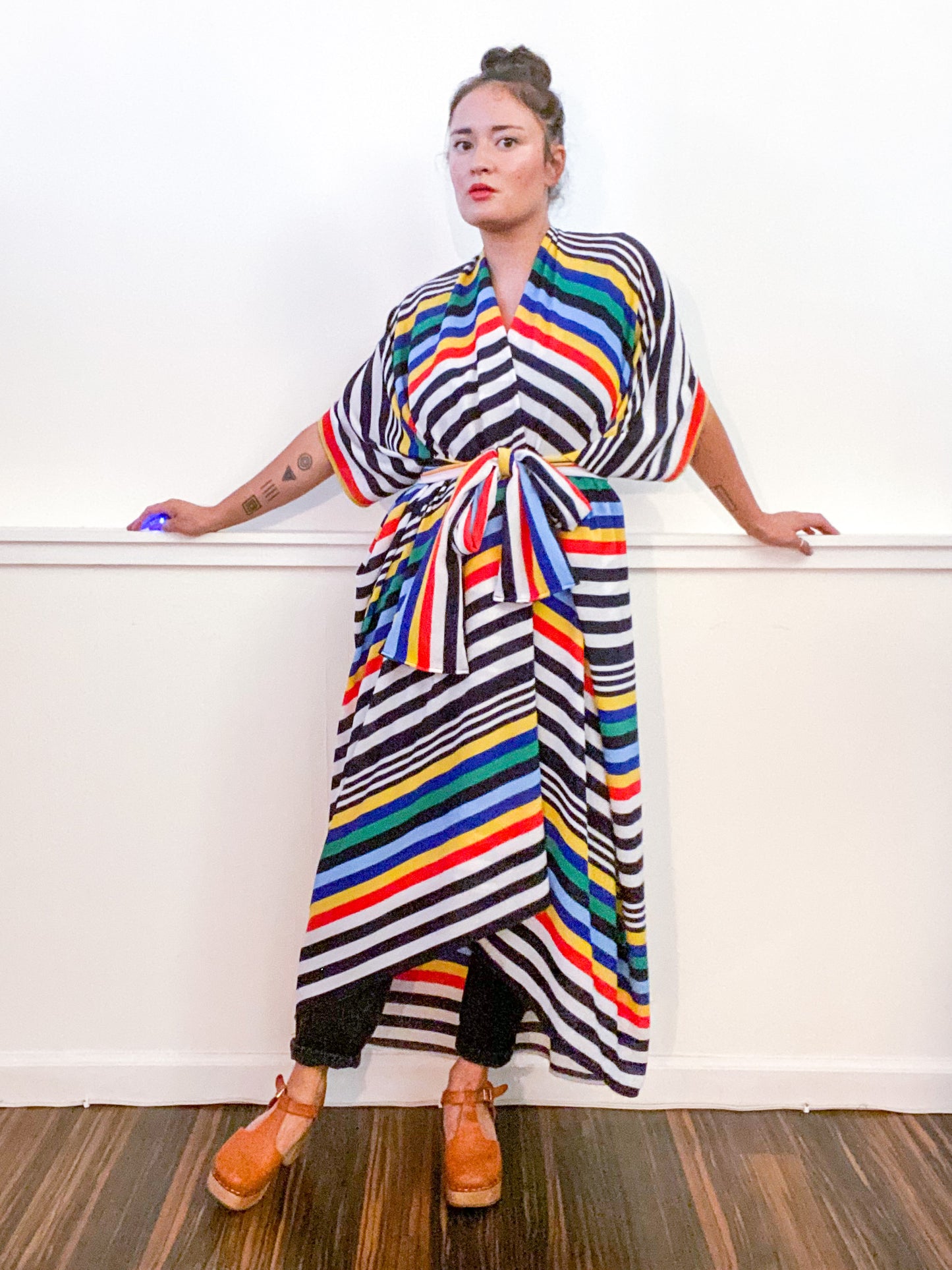 Print High Low Kimono Primary Stripe Bubble Crepe
