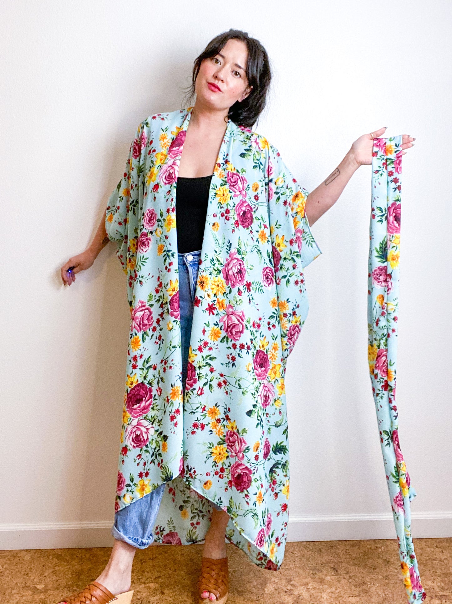Print High Low Kimono Baby Blue Rose Crepe