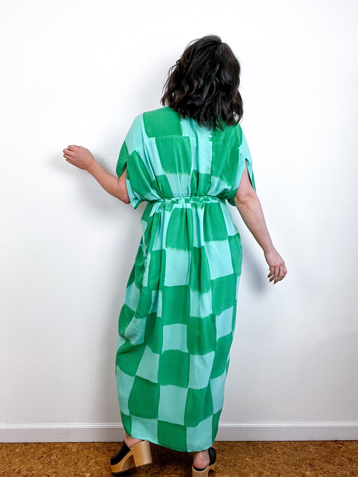 Hand-Dyed High Low Kimono Aqua Green Check