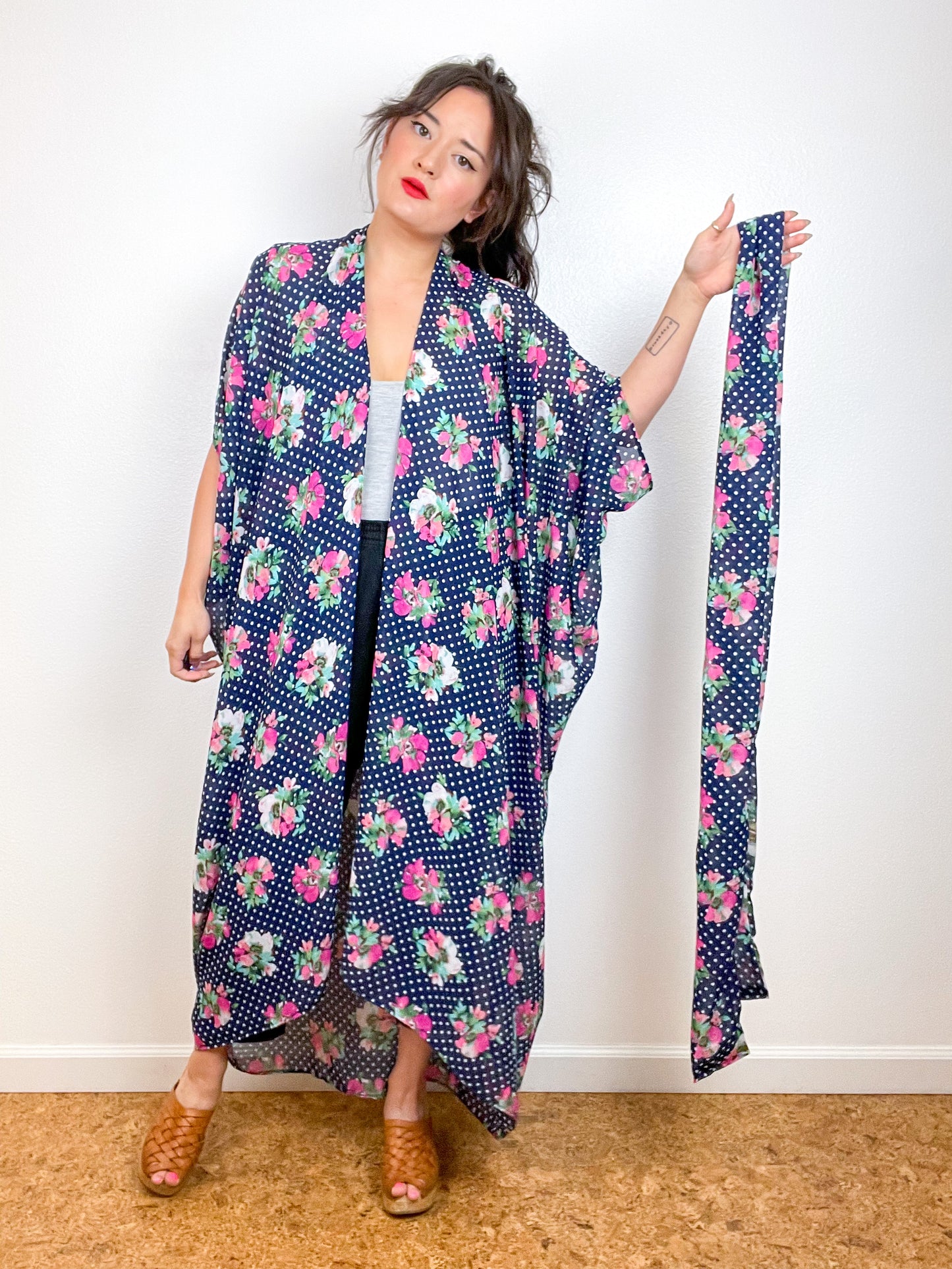 Print High Low Kimono Navy Floral Dots Chiffon