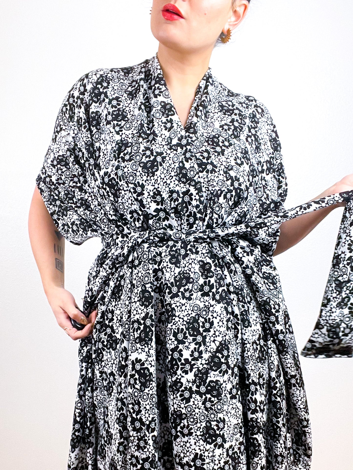 High Low Kimono Black White Mini Floral Rayon Crepe