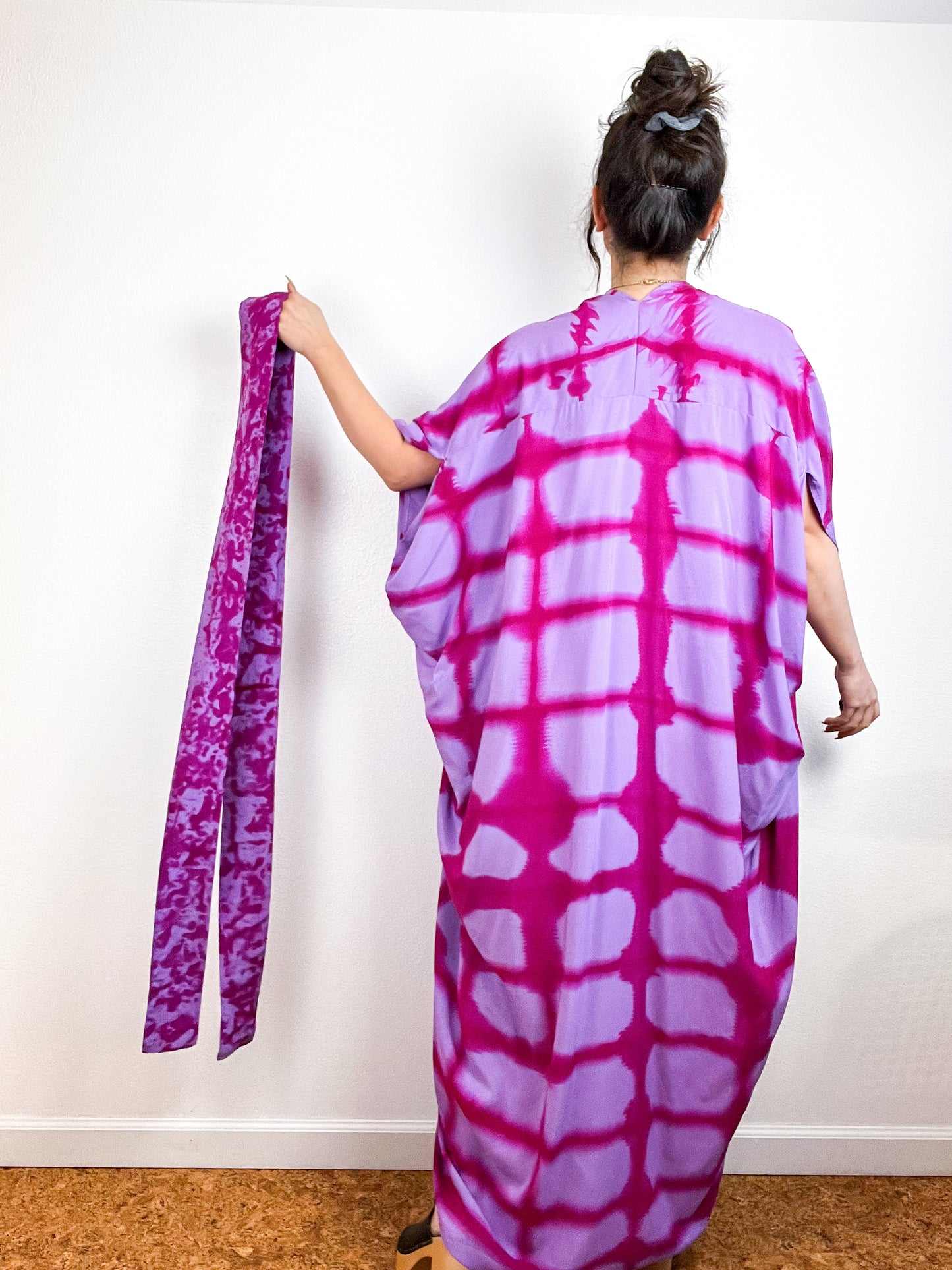 Hand-Dyed High Low Kimono Lilac Fuchsia Windowpane