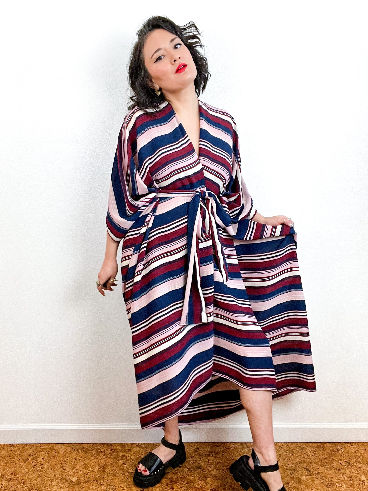 Print High Low Kimono Maroon Navy Pink Stripe Georgette