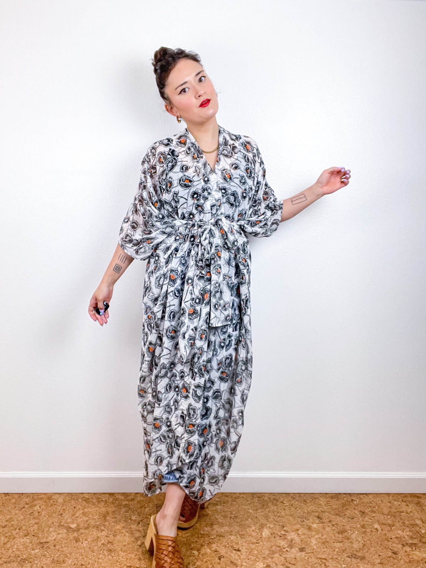 Print High Low Kimono Ivory Poppy Floral Chiffon