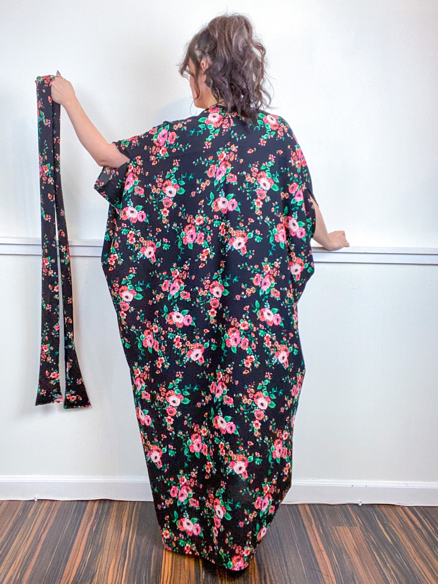 Print High Low Kimono Black Orange Pink Rose Bubble Crepe
