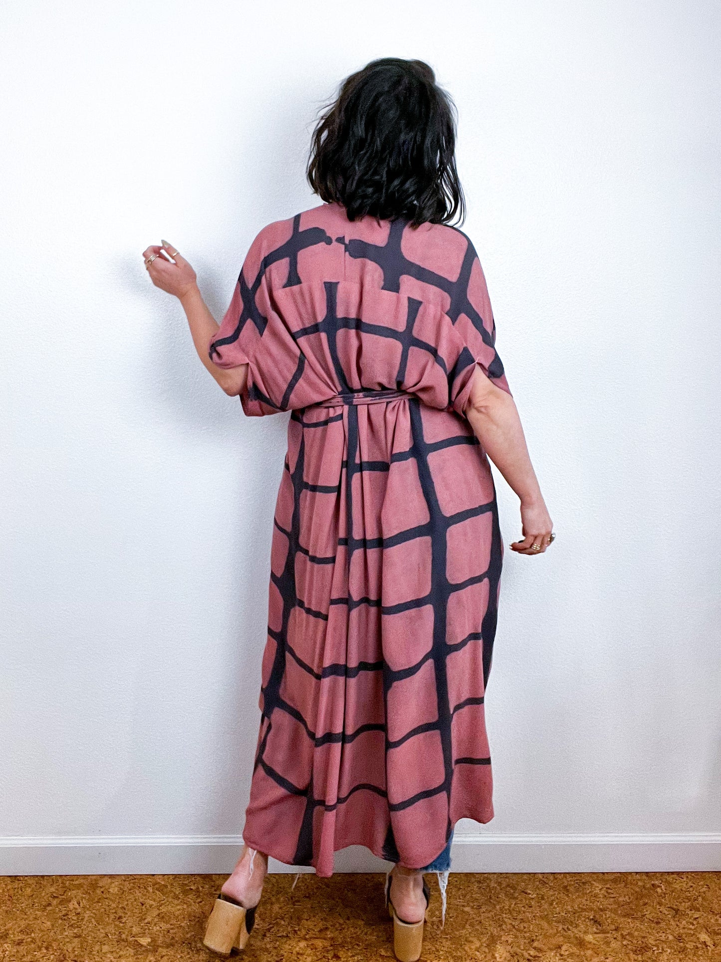 Hand-Dyed High Low Kimono Mauve Grey Windowpane