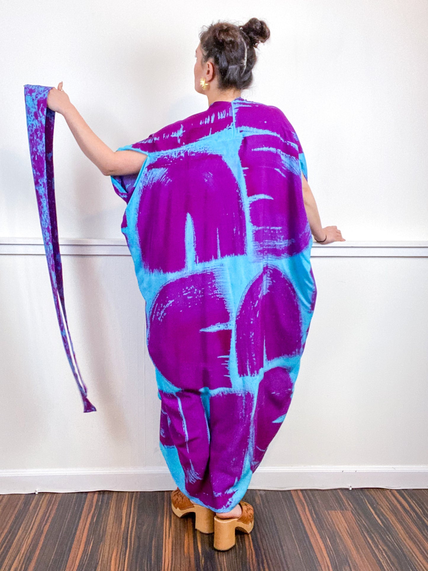 Hand-Dyed High Low Kimono Aqua Fuchsia Brushstroke