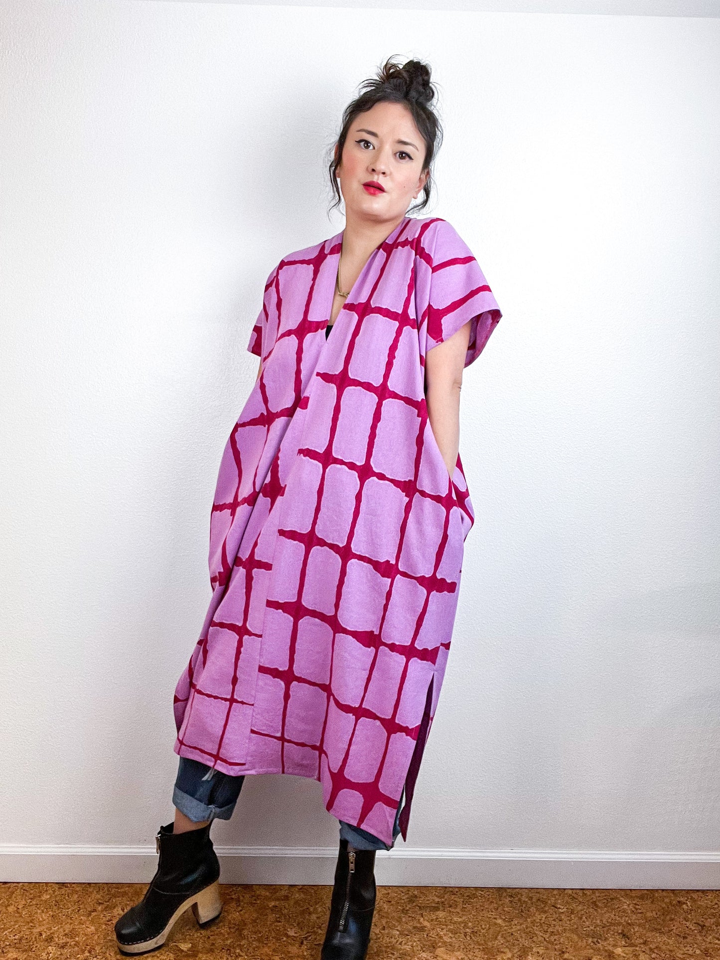 Hand-Dyed Midi Smock Dress Lilac Fuchsia Windowpane