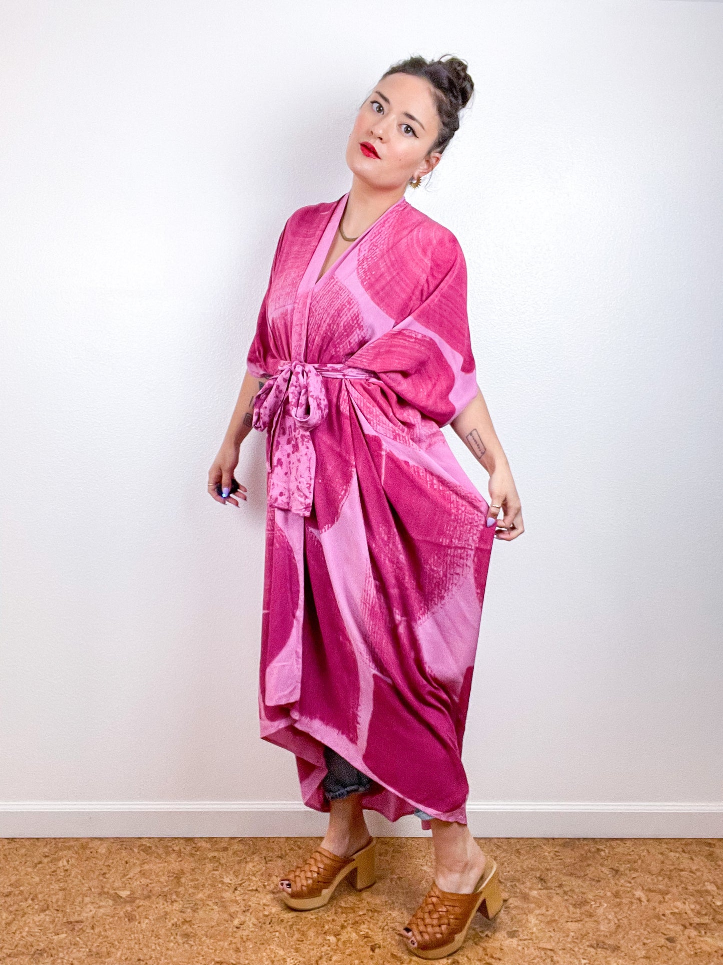 Hand-Dyed High Low Kimono Pink Magenta Brushstroke