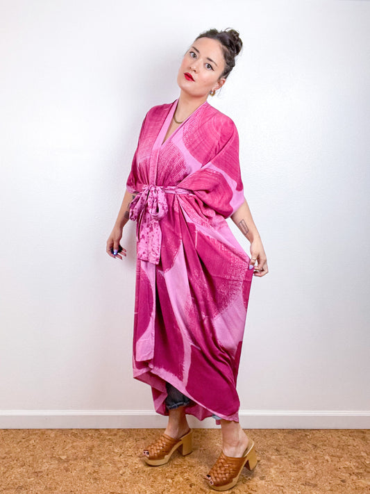 Hand-Dyed High Low Kimono Pink Magenta Brushstroke