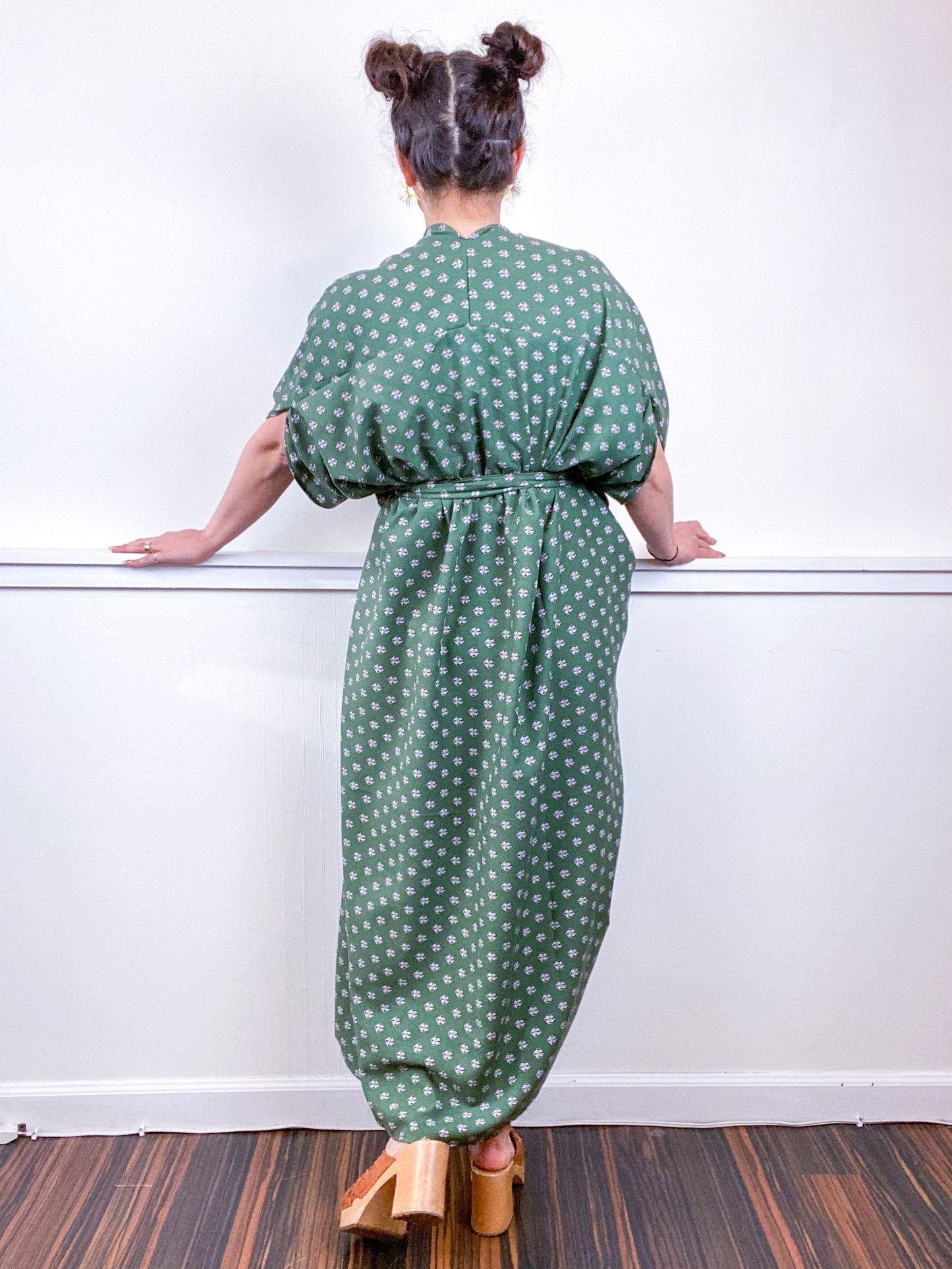 Print High Low Kimono Olive Tie Challis