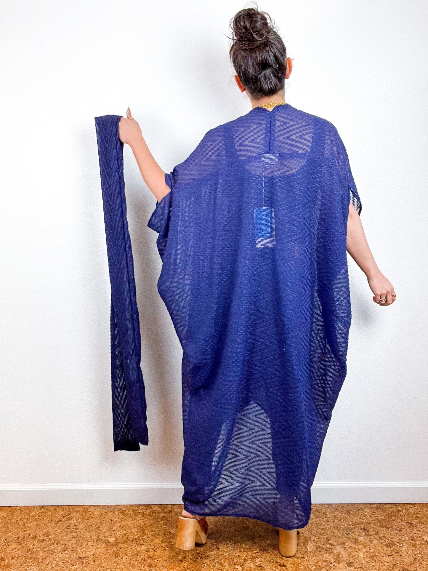 Solid High Low Kimono Navy Flocked Chevron Chiffon