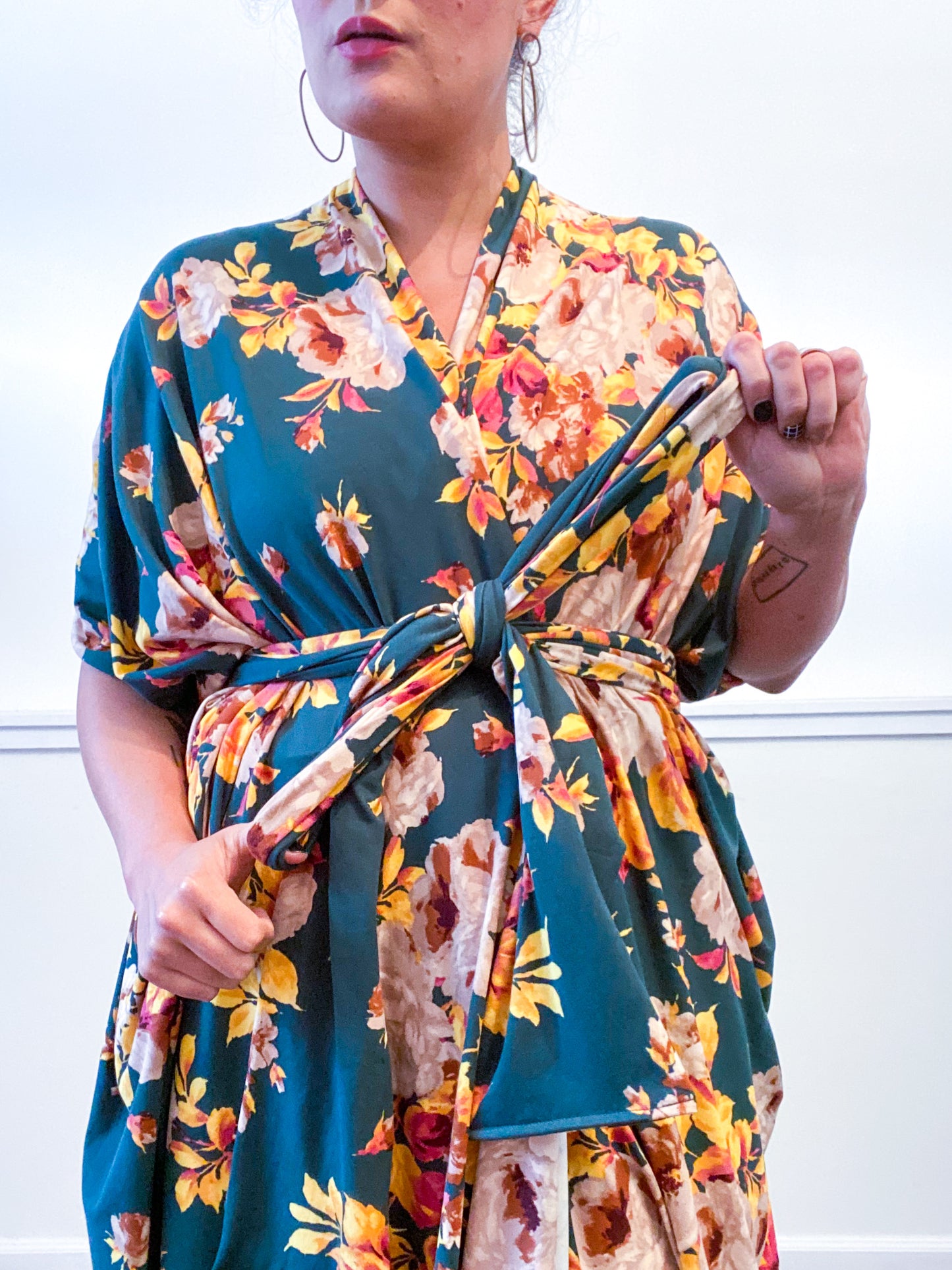 Print High Low Kimono Forest Green Rose Floral Knit