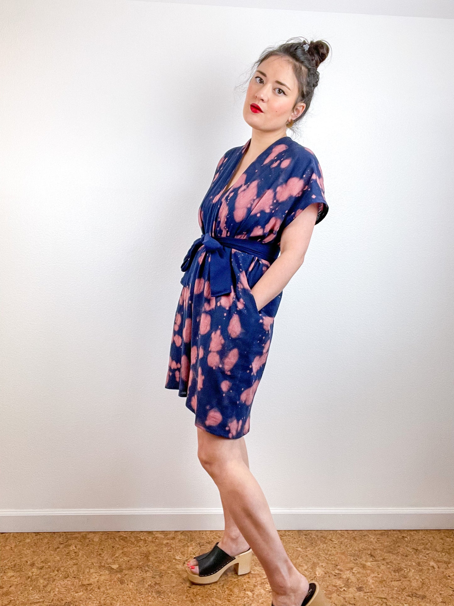 Single Gauze Mini Caftan Dress Navy Peach