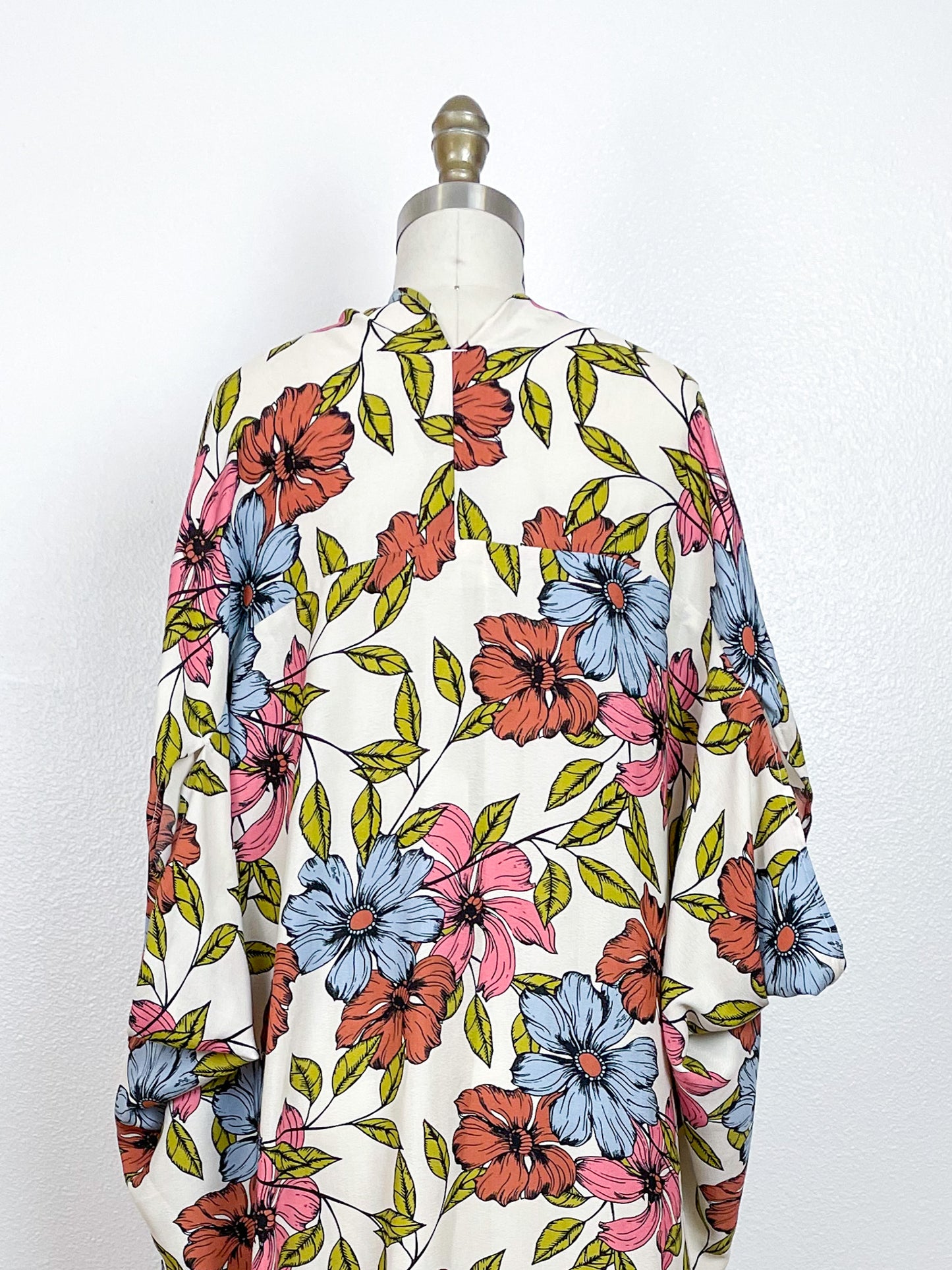 Print High Low Kimono Ivory Pastel Floral Rayon Crepe