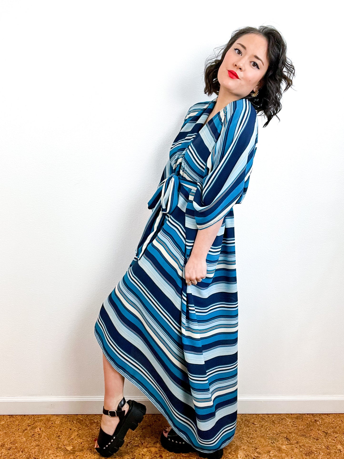 Print High Low Kimono Blue Stripe Georgette