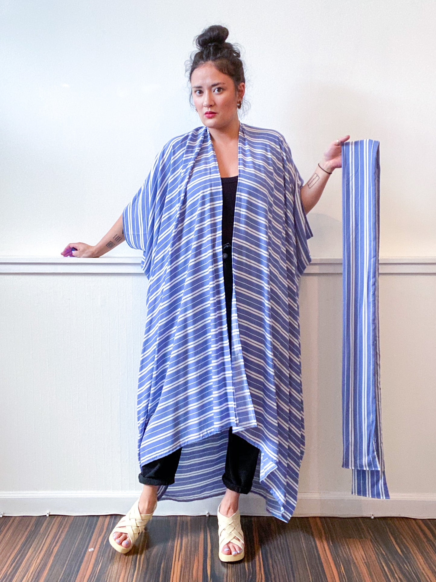 Print High Low Kimono Blue White Stripes Rayon Challis