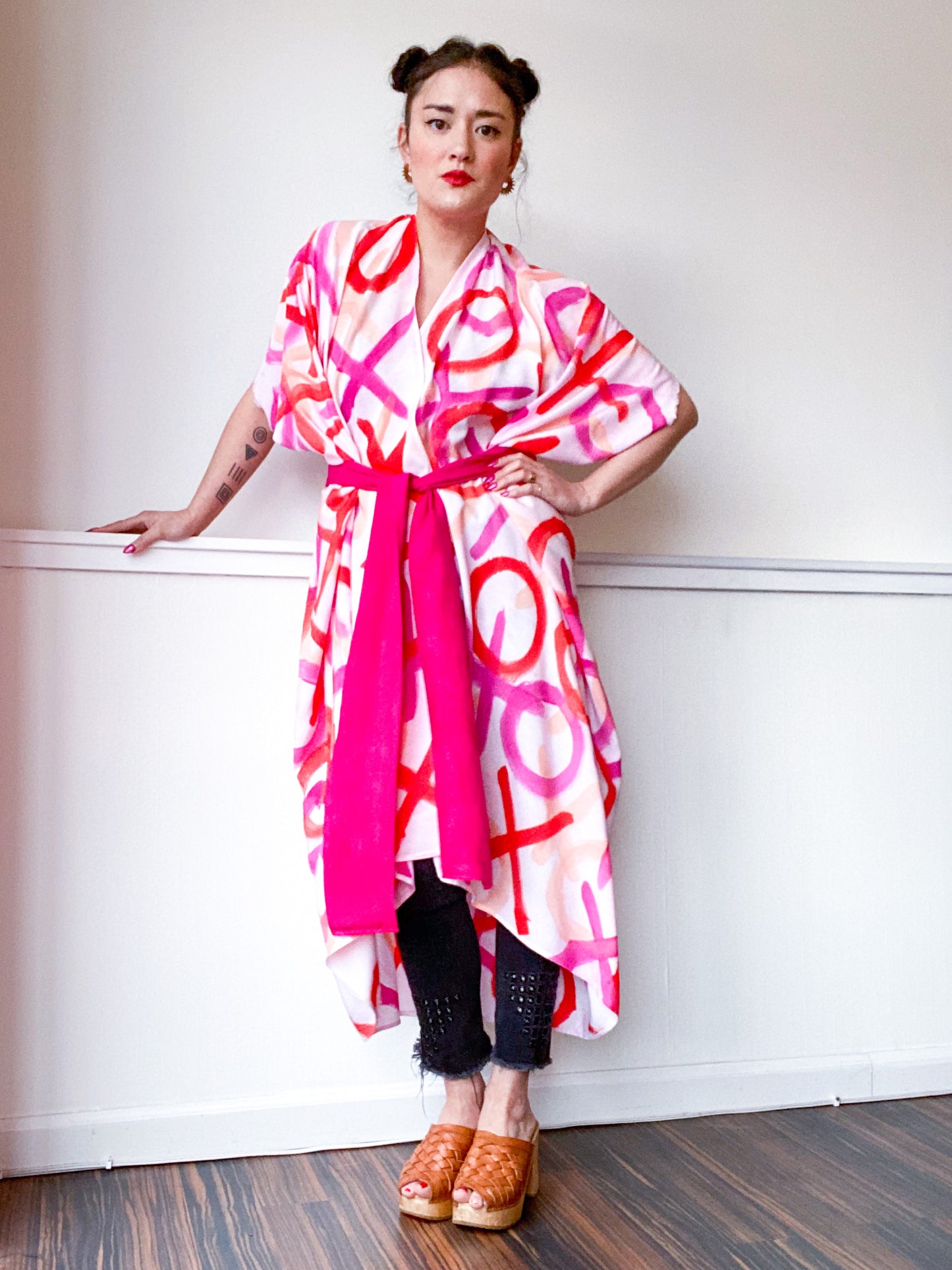 Limited Edition Hand-Dyed High Low Kimono XO Pink Red