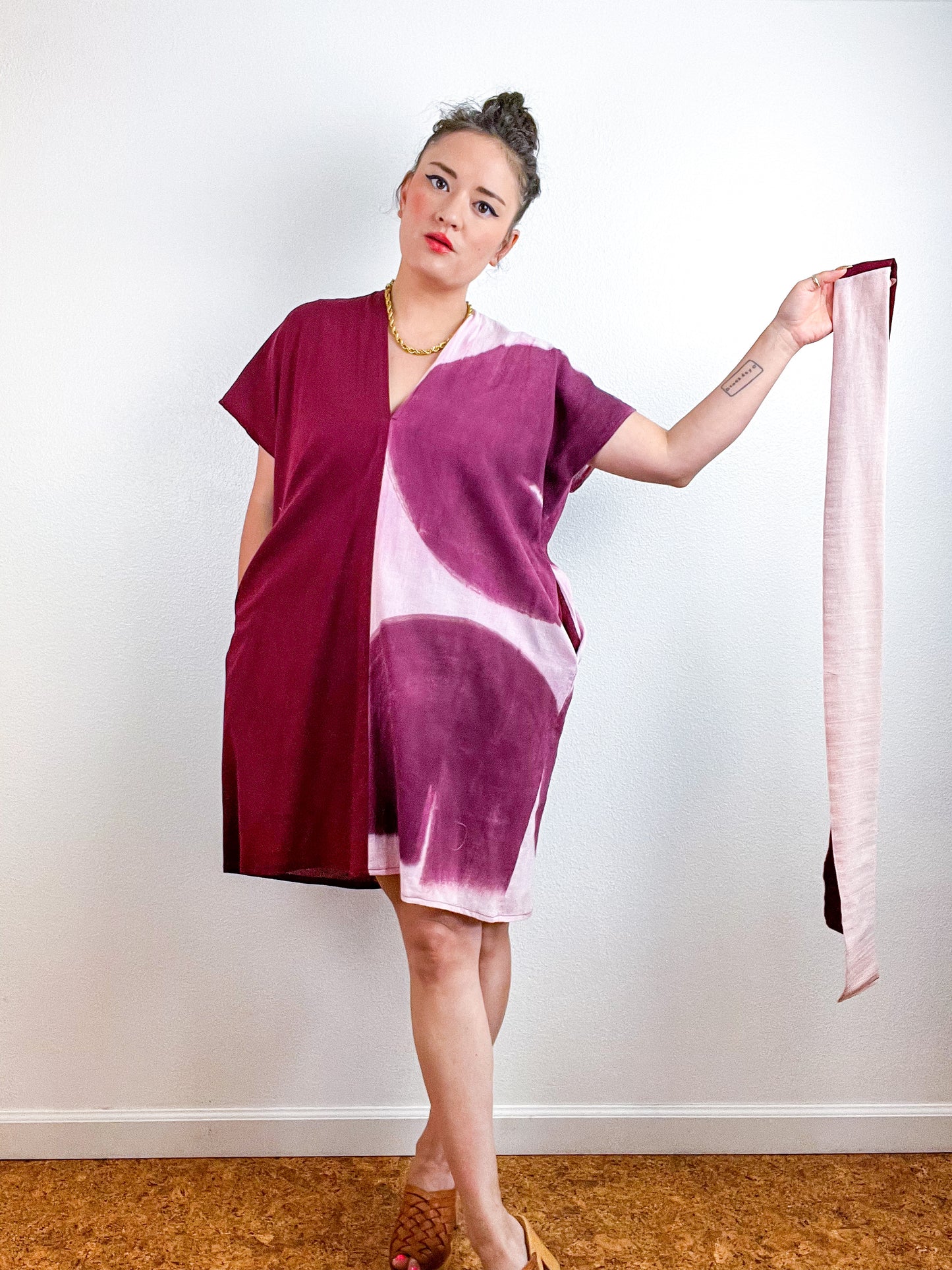 Single Gauze Mini Caftan Dress Maroon Blush Brushstrokes
