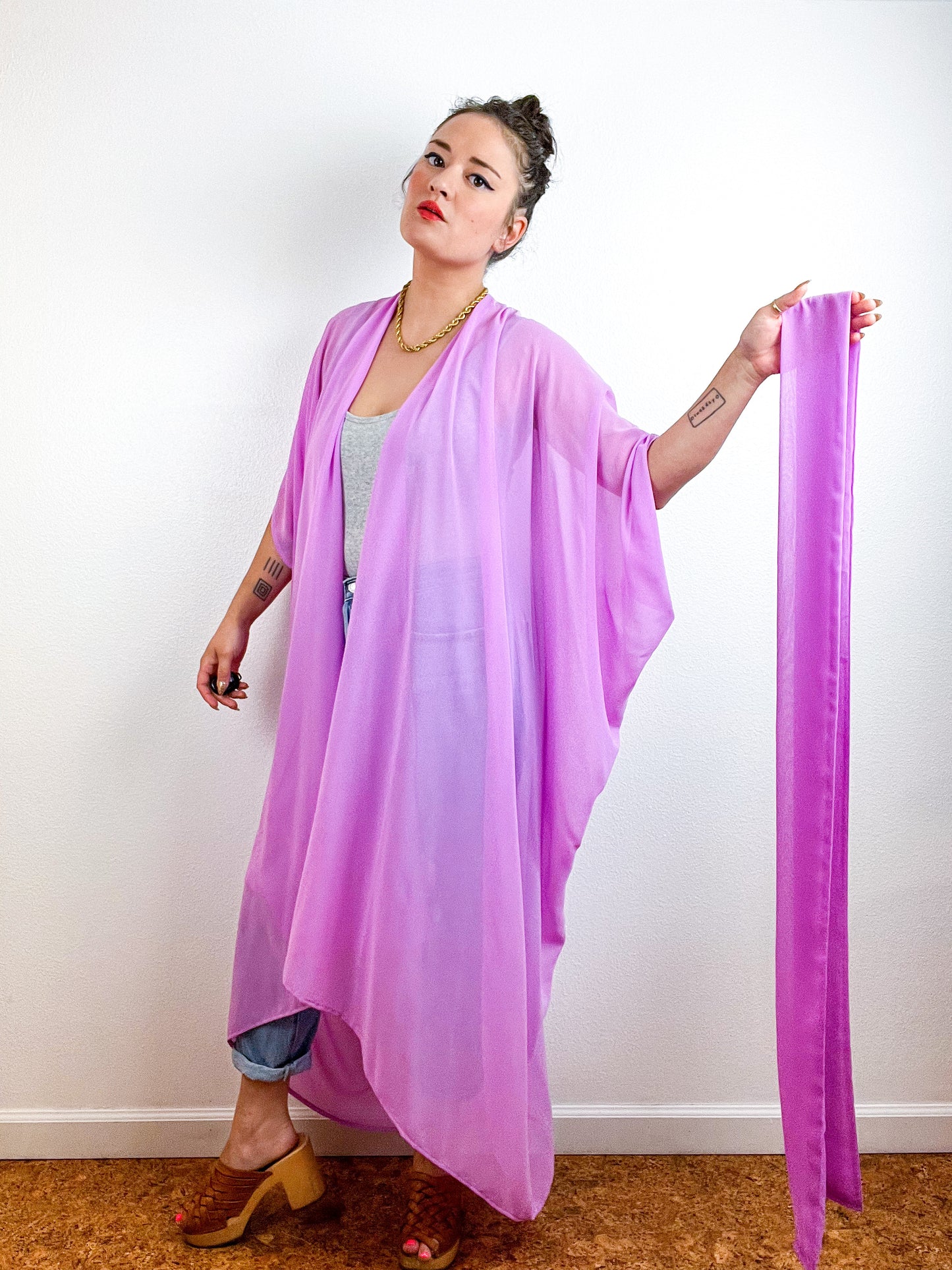 Solid High Low Kimono Orchid Chiffon