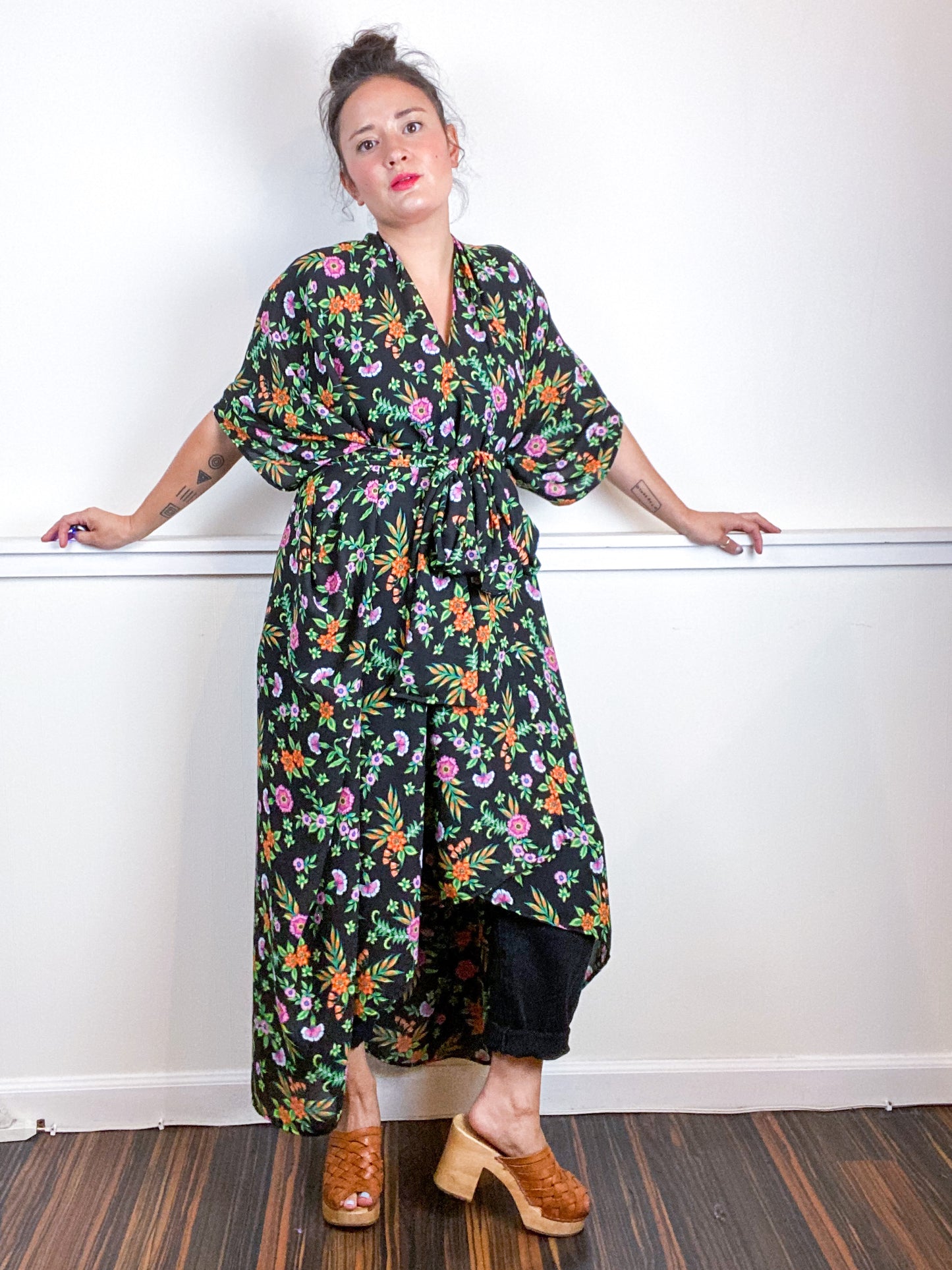 Print High Low Kimono Black Green Floral Georgette