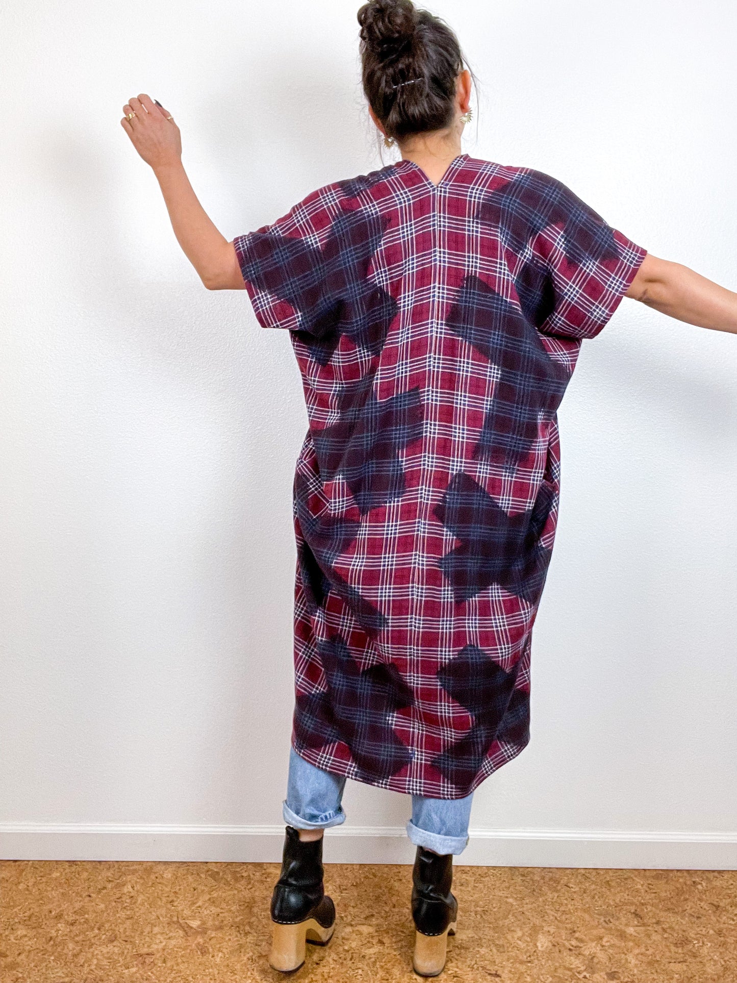 Disrupted Plaid Flannel Smock Dress Black X Maroon