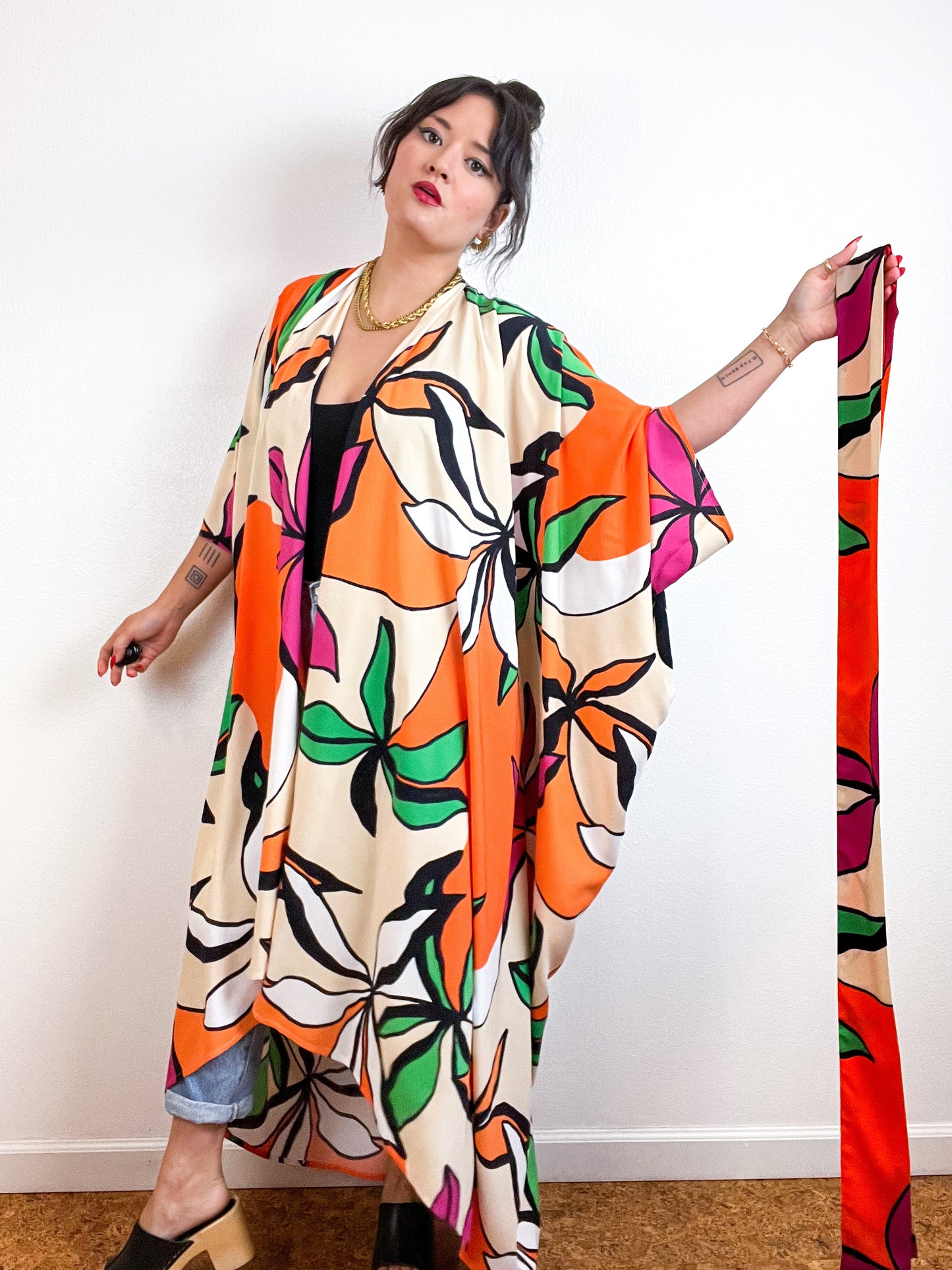 Print High Low Kimono Orange Ecru Abstract Floral Challis