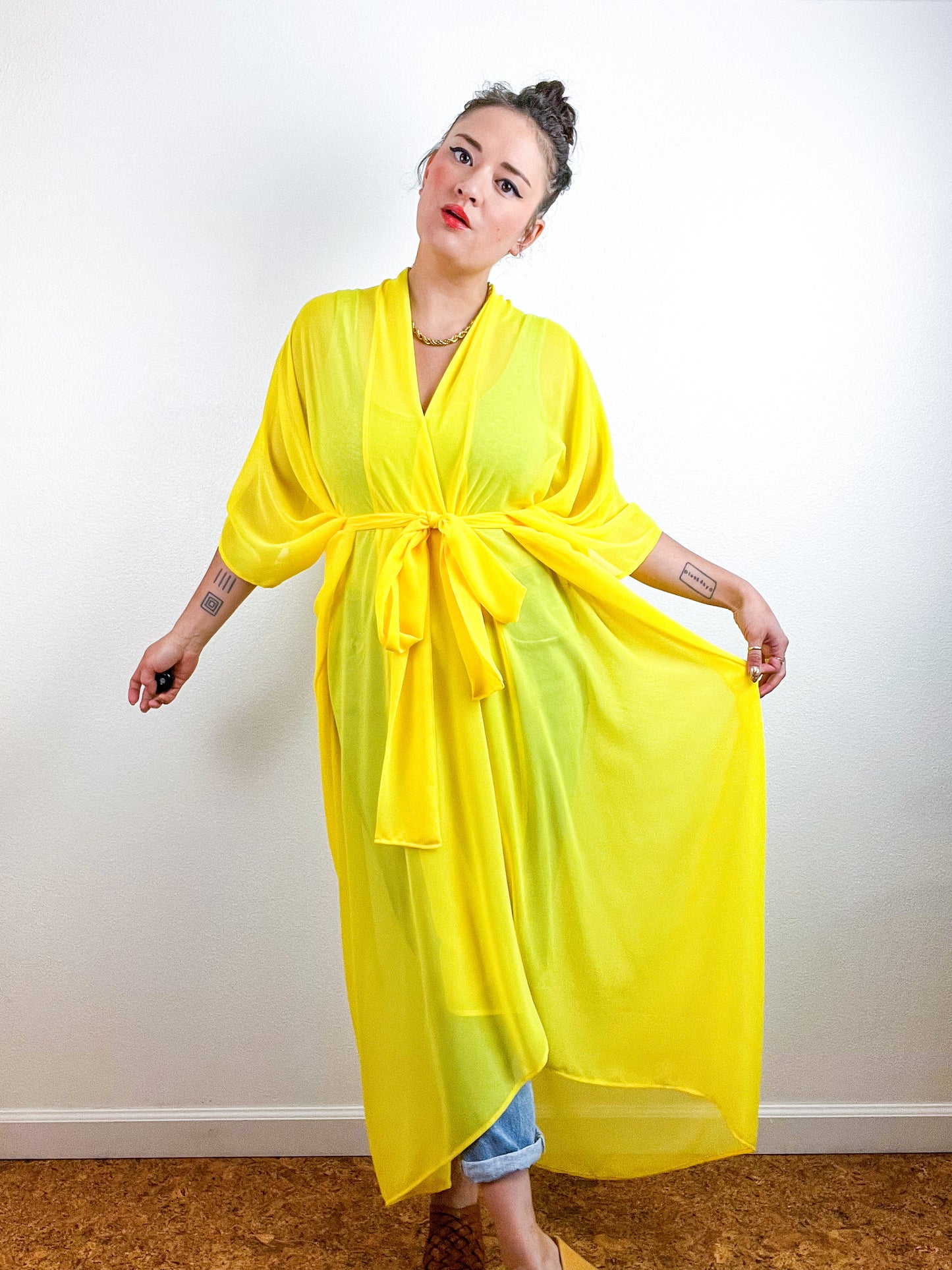 Solid High Low Kimono Daffodil Chiffon