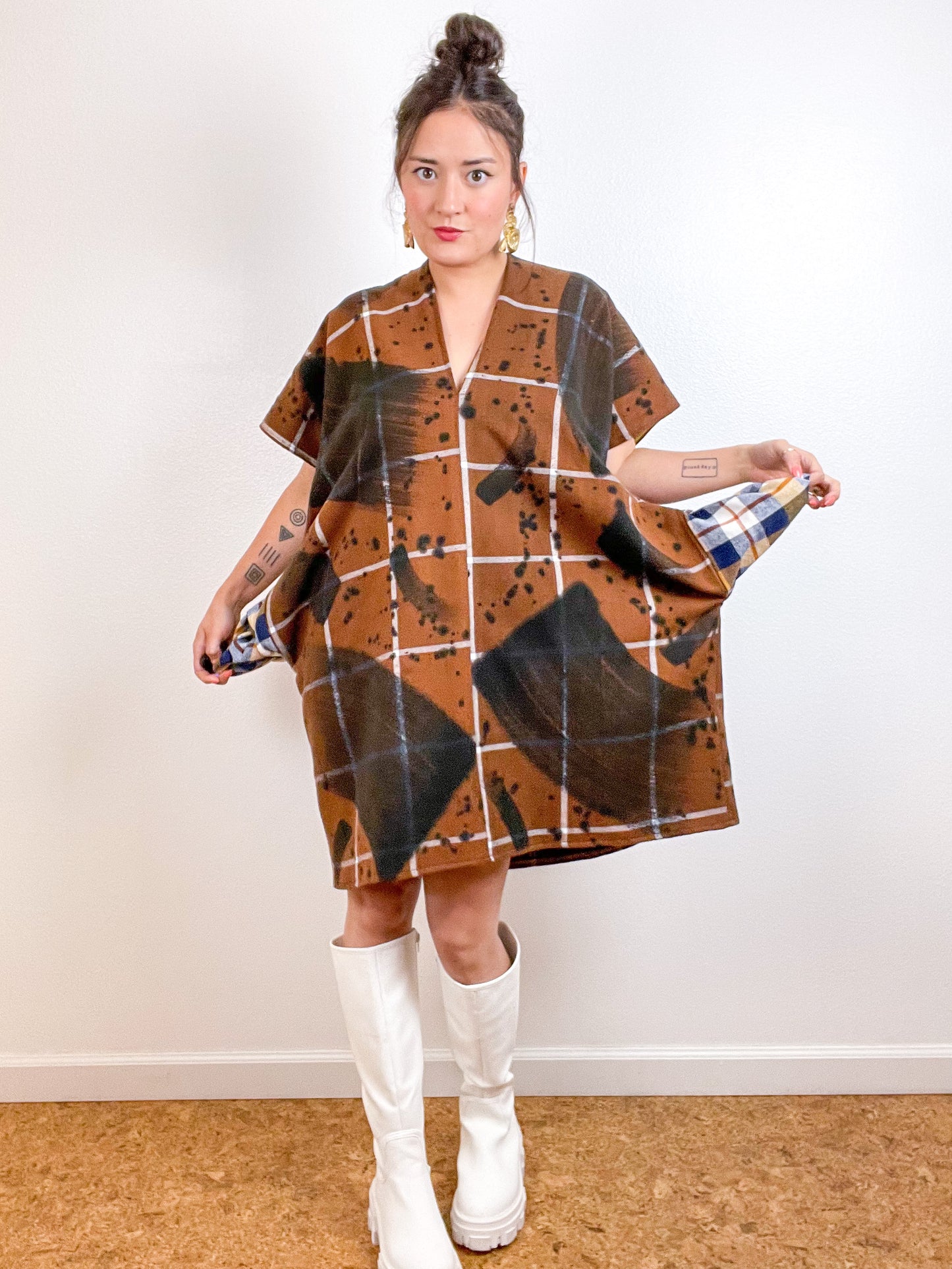 Disrupted Plaid Flannel Smock Dress Brown Brushstrokes