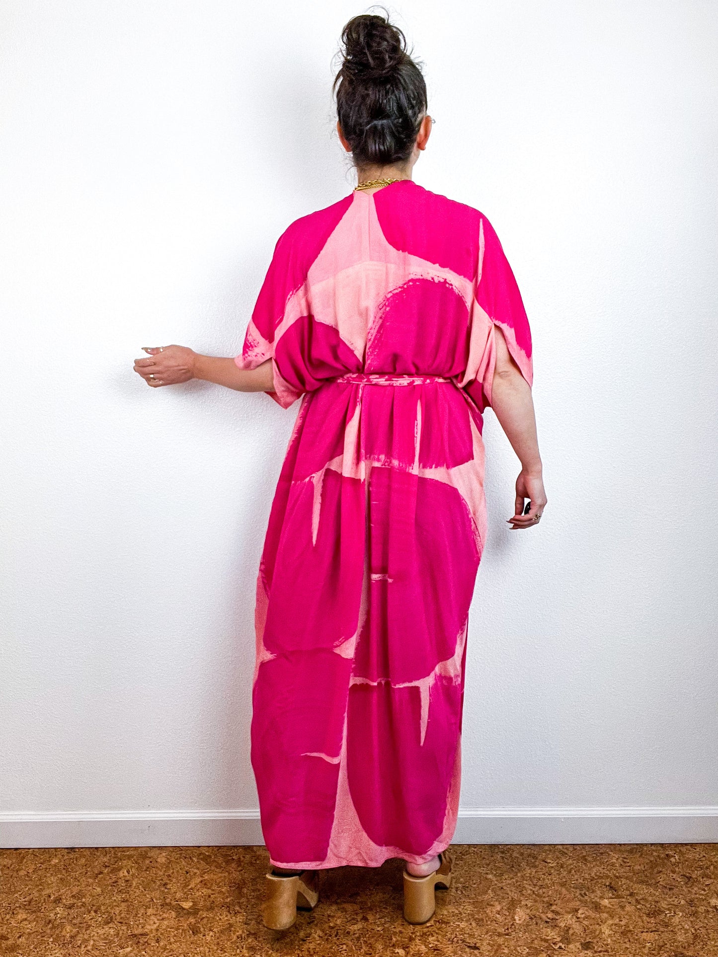 Hand-Dyed High Low Kimono Peach Fuchsia Brushstroke