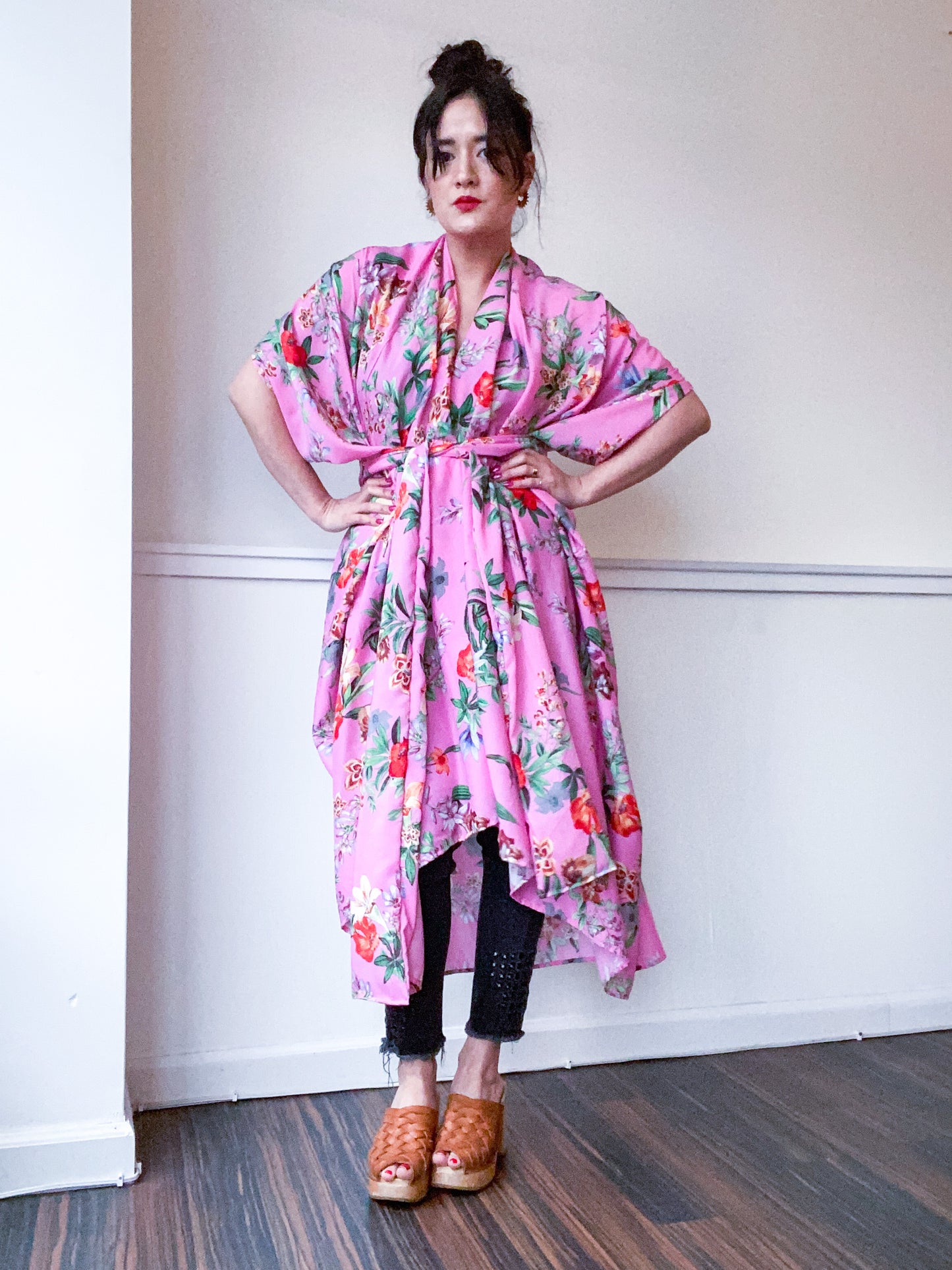 Print High Low Kimono Pink Tropical