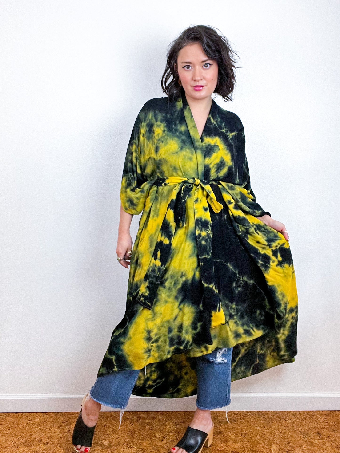 Hand-Dyed High Low Kimono Marigold Black Tie