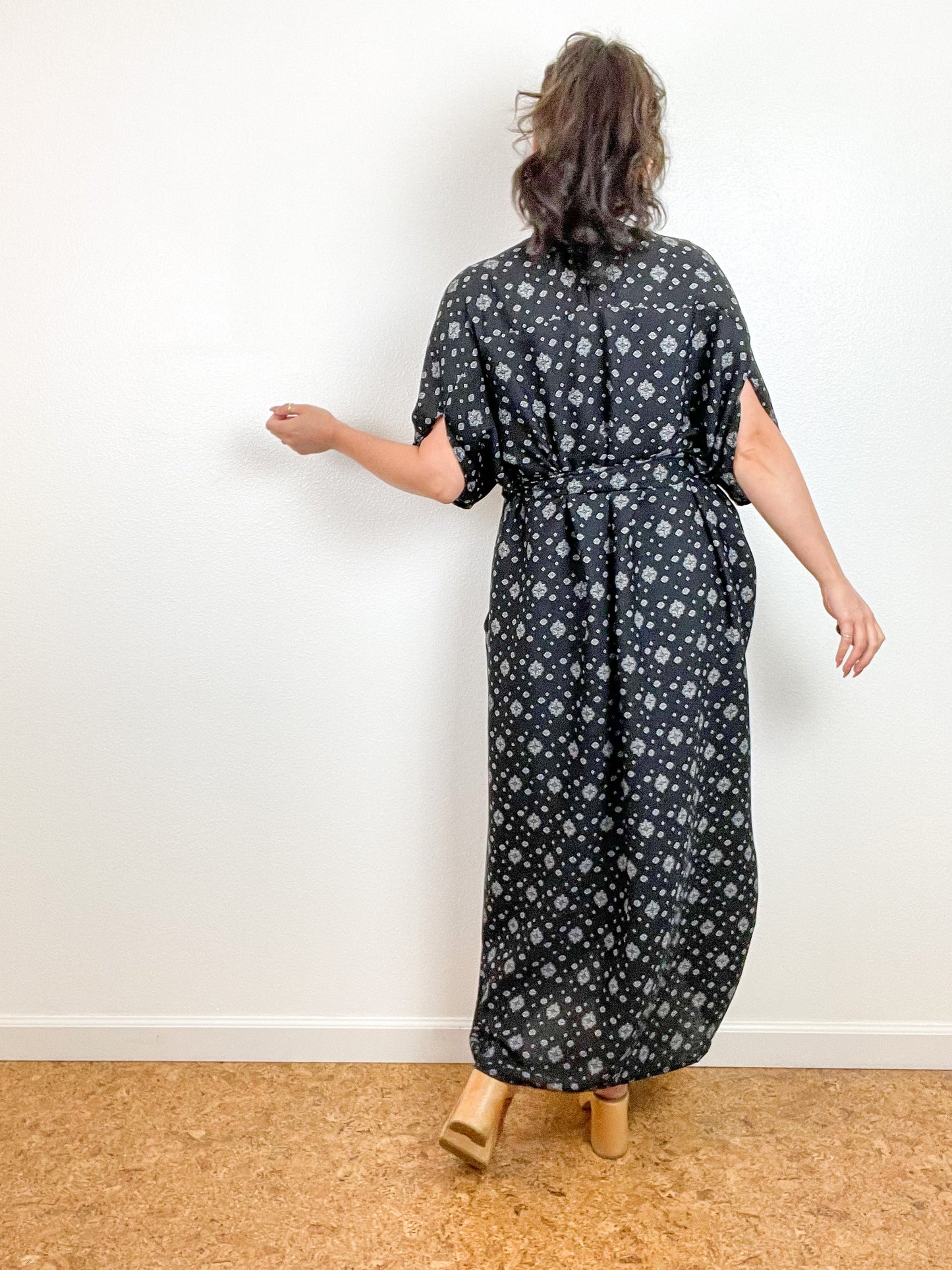 Print High Low Kimono Black Bandana Crinkle Gauze