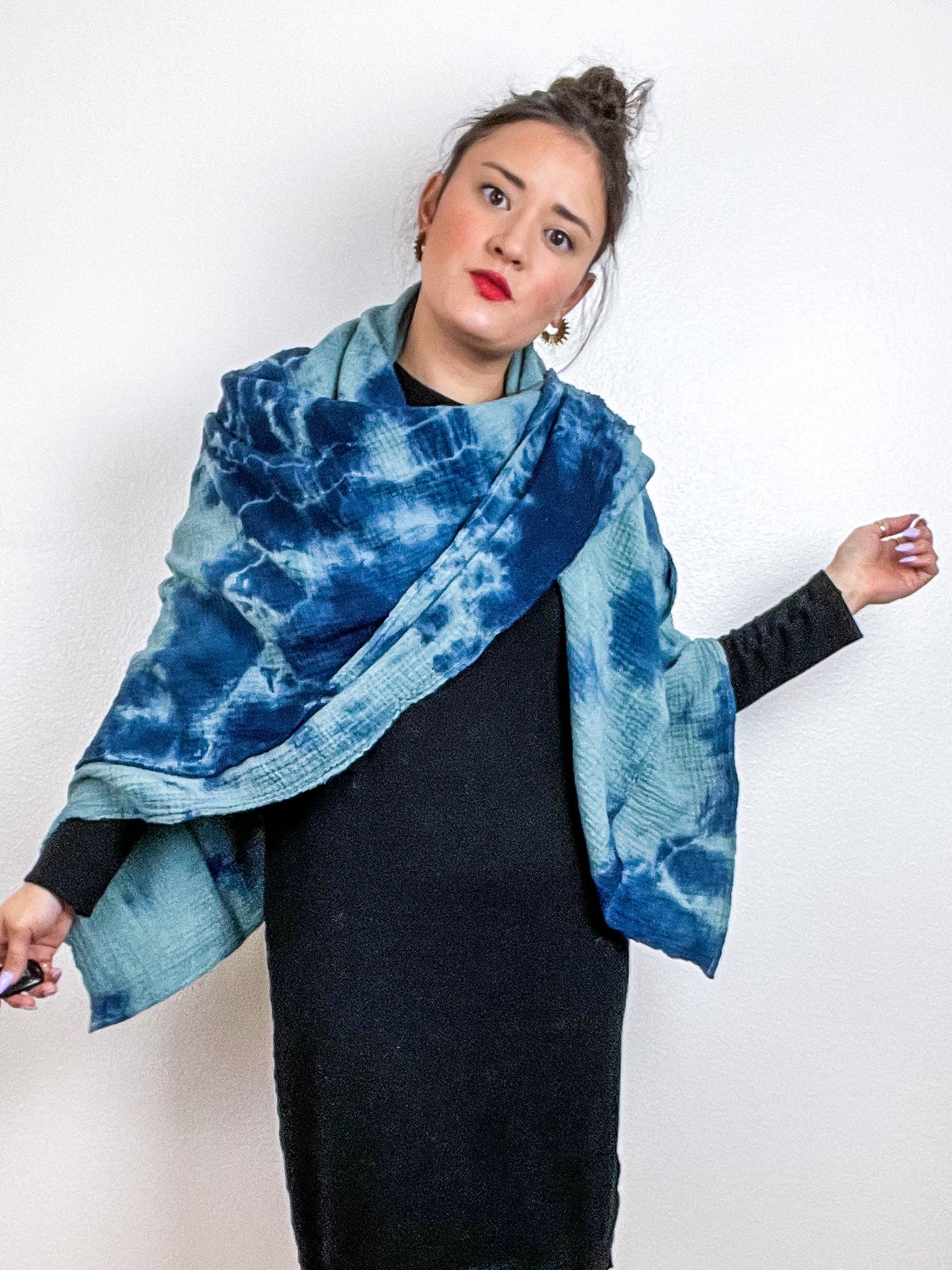 Hand-Dyed Cotton Blanket Scarf Sage Indigo Tie