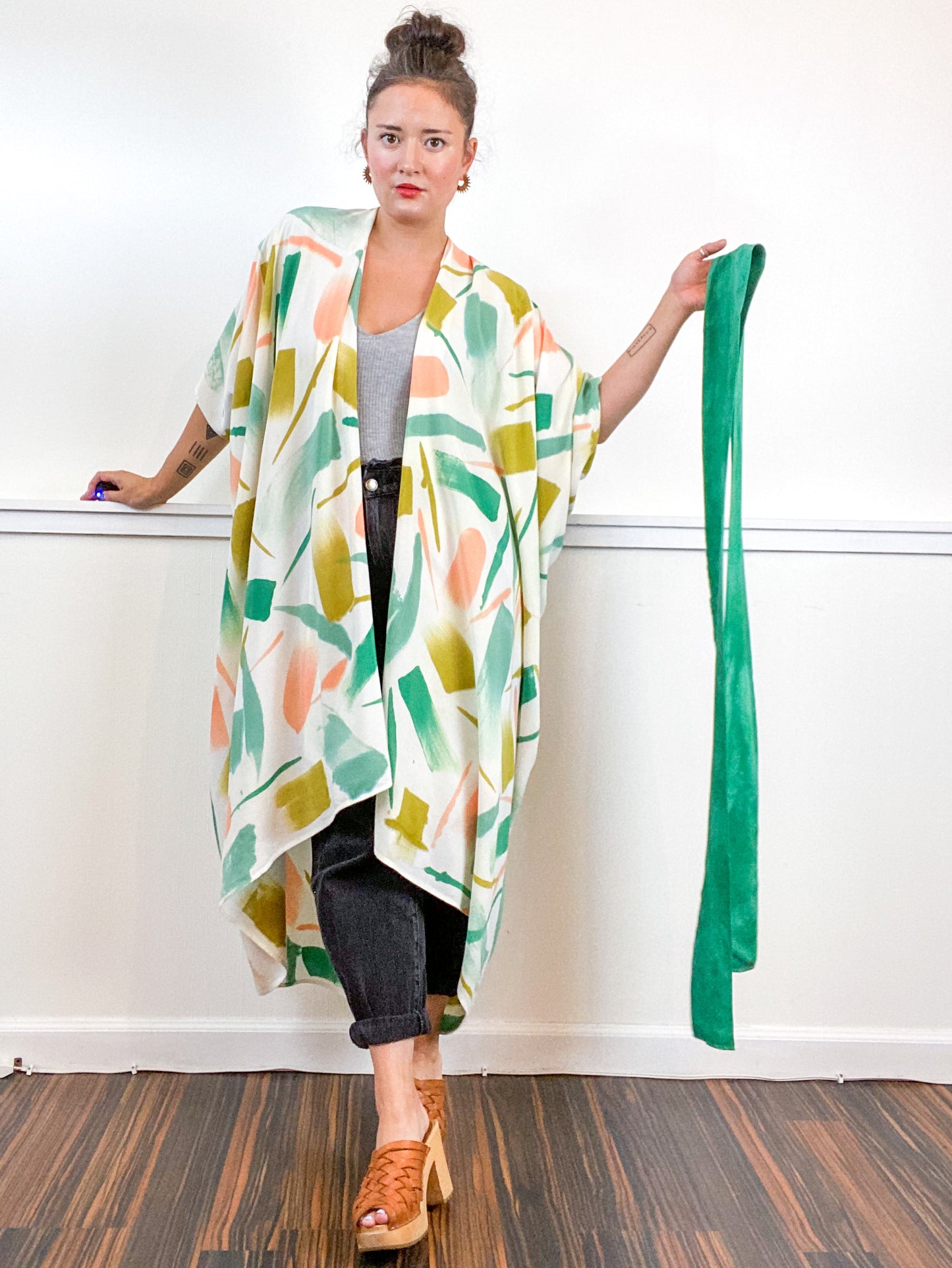 OOAK Hand-Dyed High Low Kimono Emerald Flamingo Amber Sea Gesture