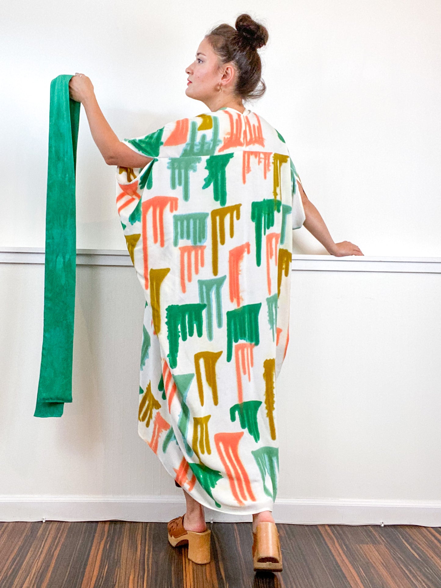 OOAK Hand-Dyed High Low Kimono Emerald Flamingo Amber Sea Drips