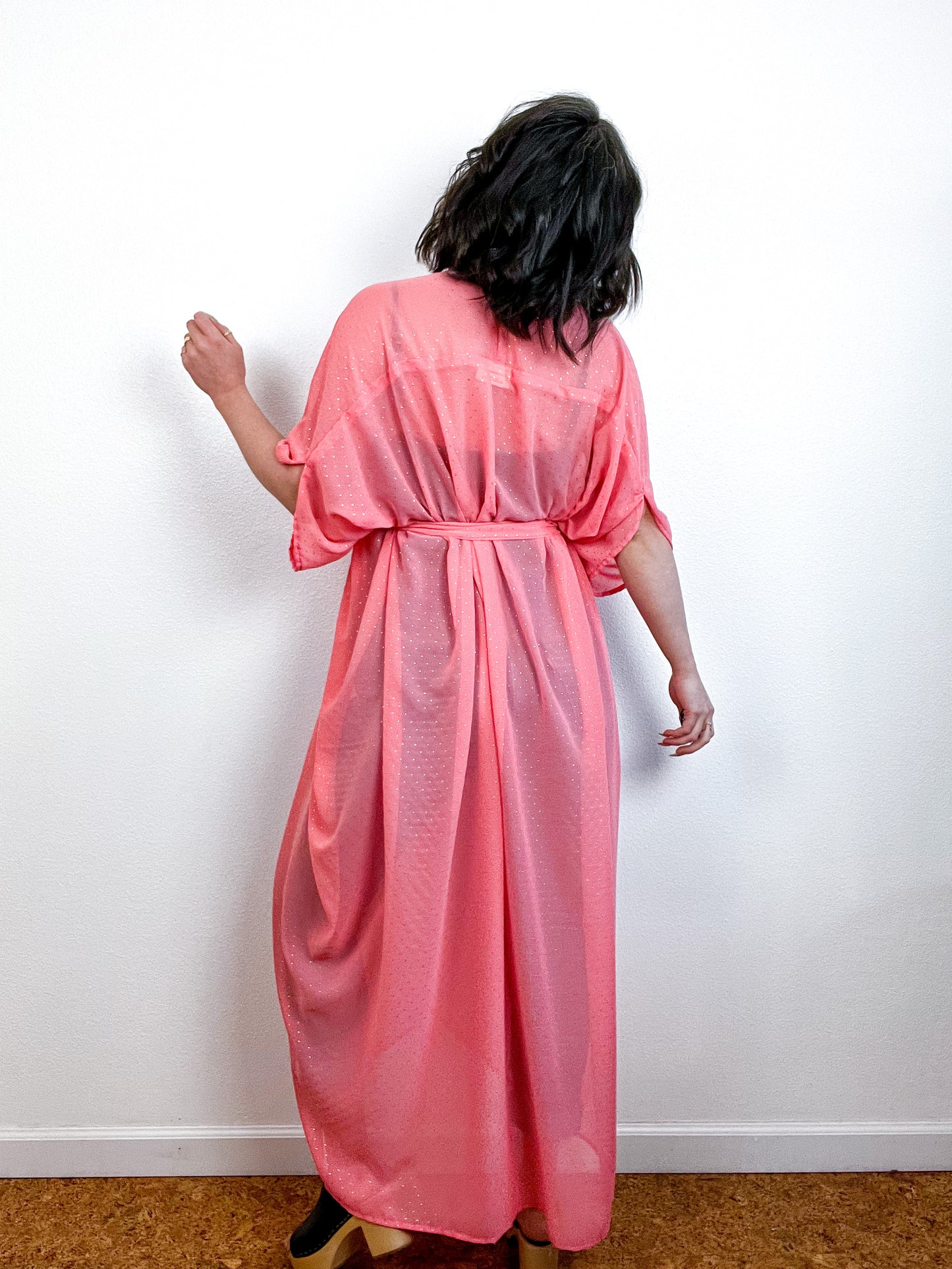 Print High Low Kimono Coral Gold Pindot Chiffon