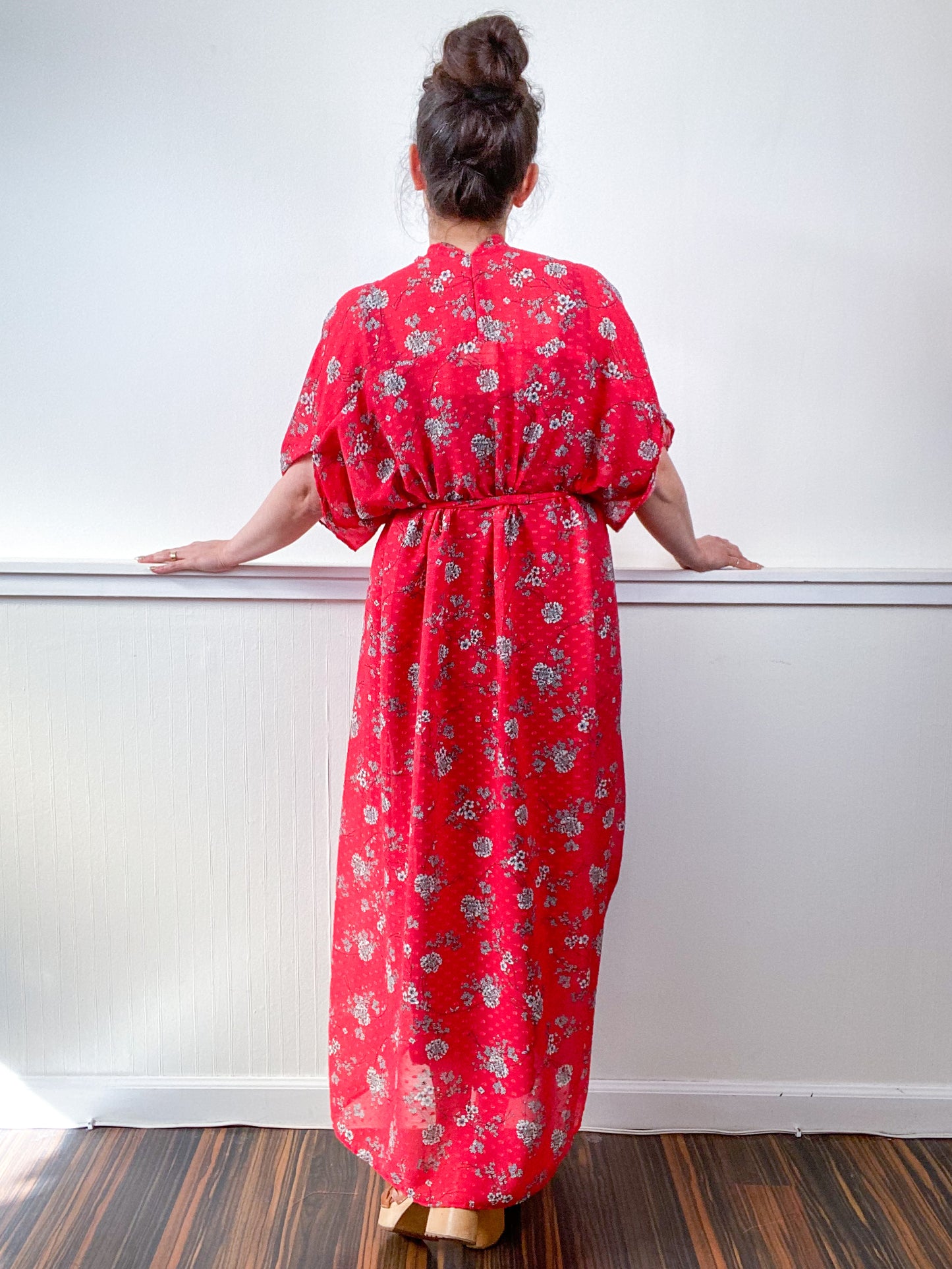 Print High Low Kimono Red Swiss Dot Chiffon